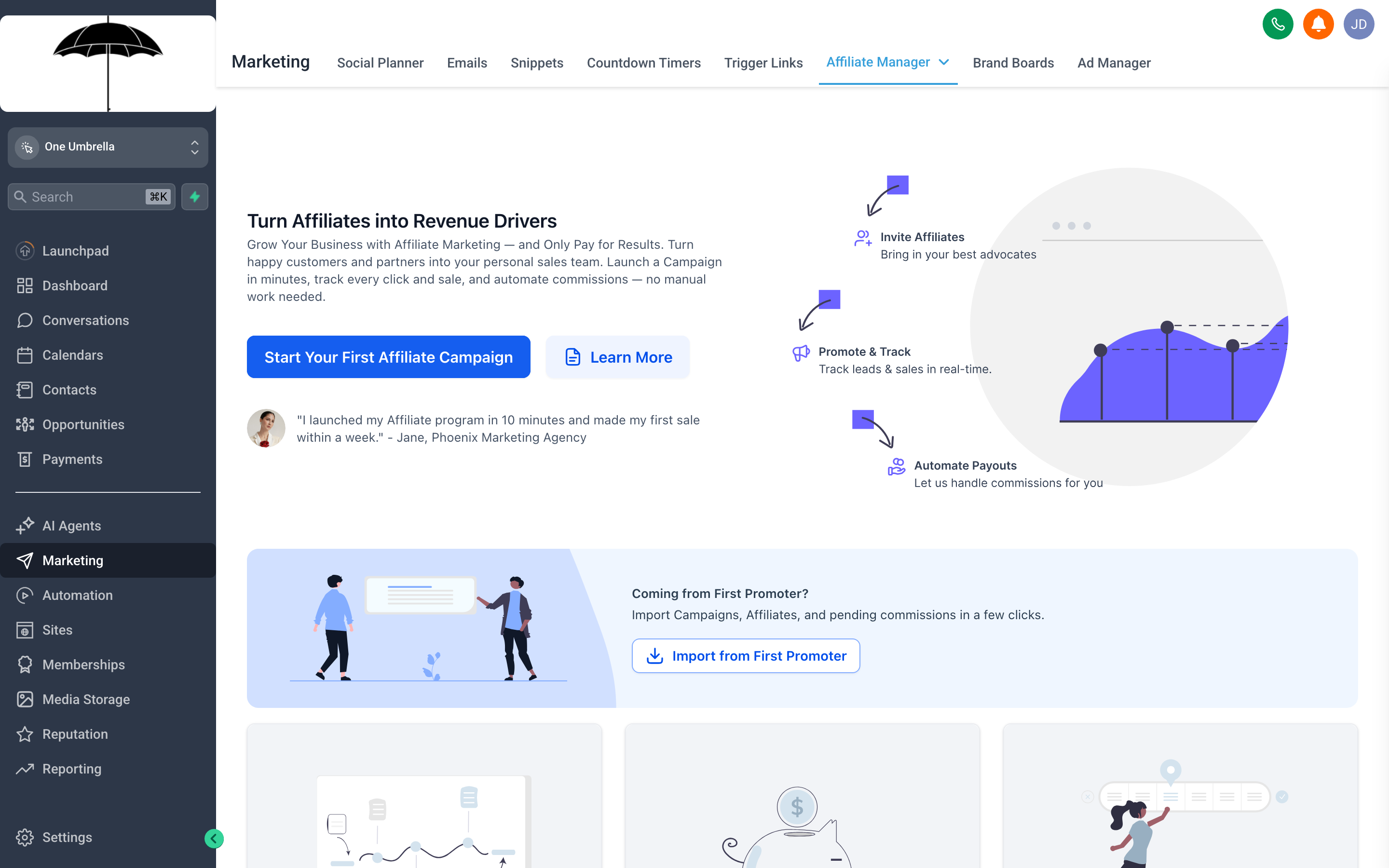 The Affiliate Manager dashboard showing affiliate accounts with their unique referral links, commission rates, conversion counts, and payout totals