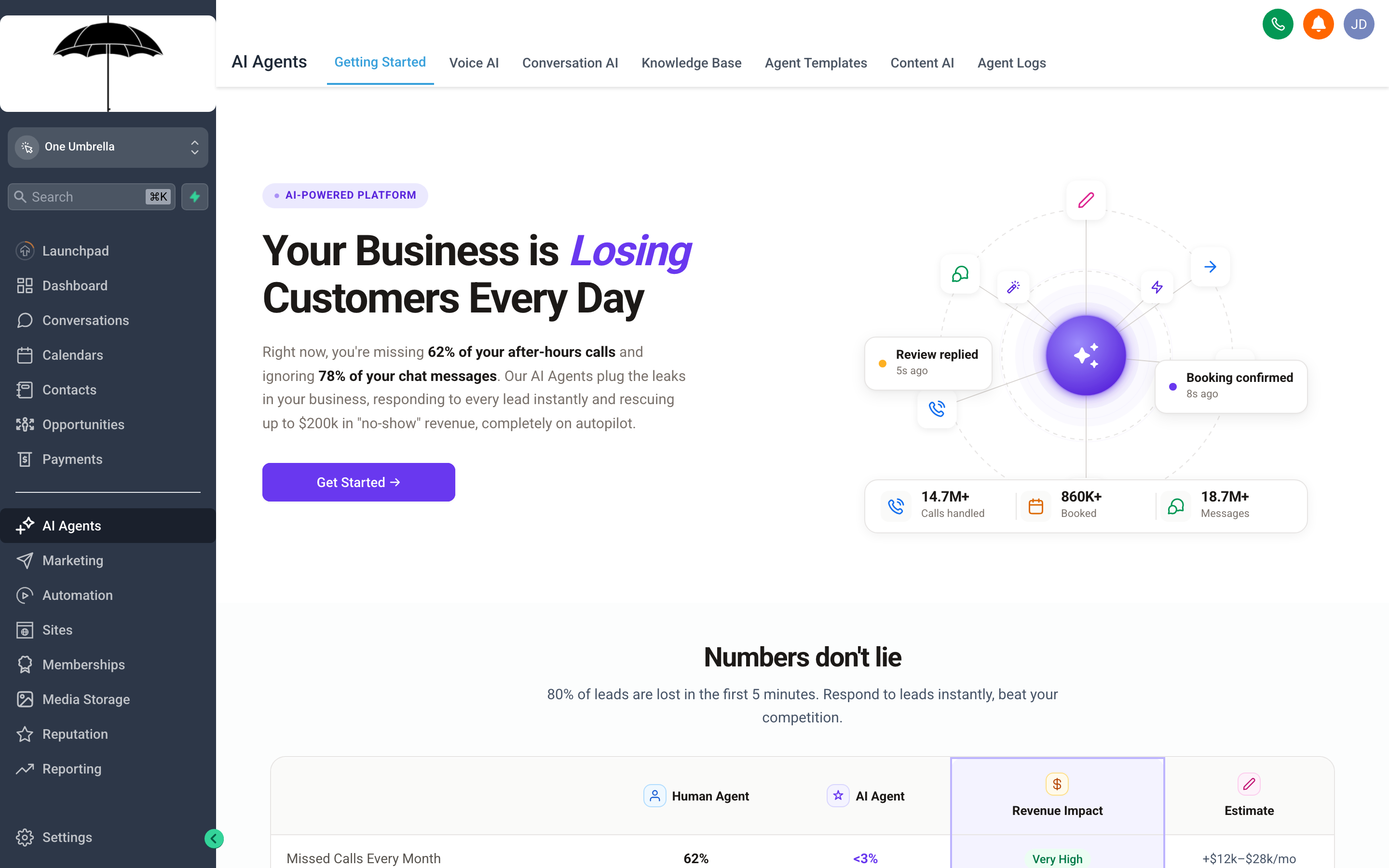 The AI Agents overview screen showing Conversation AI and Voice AI options with their configuration status