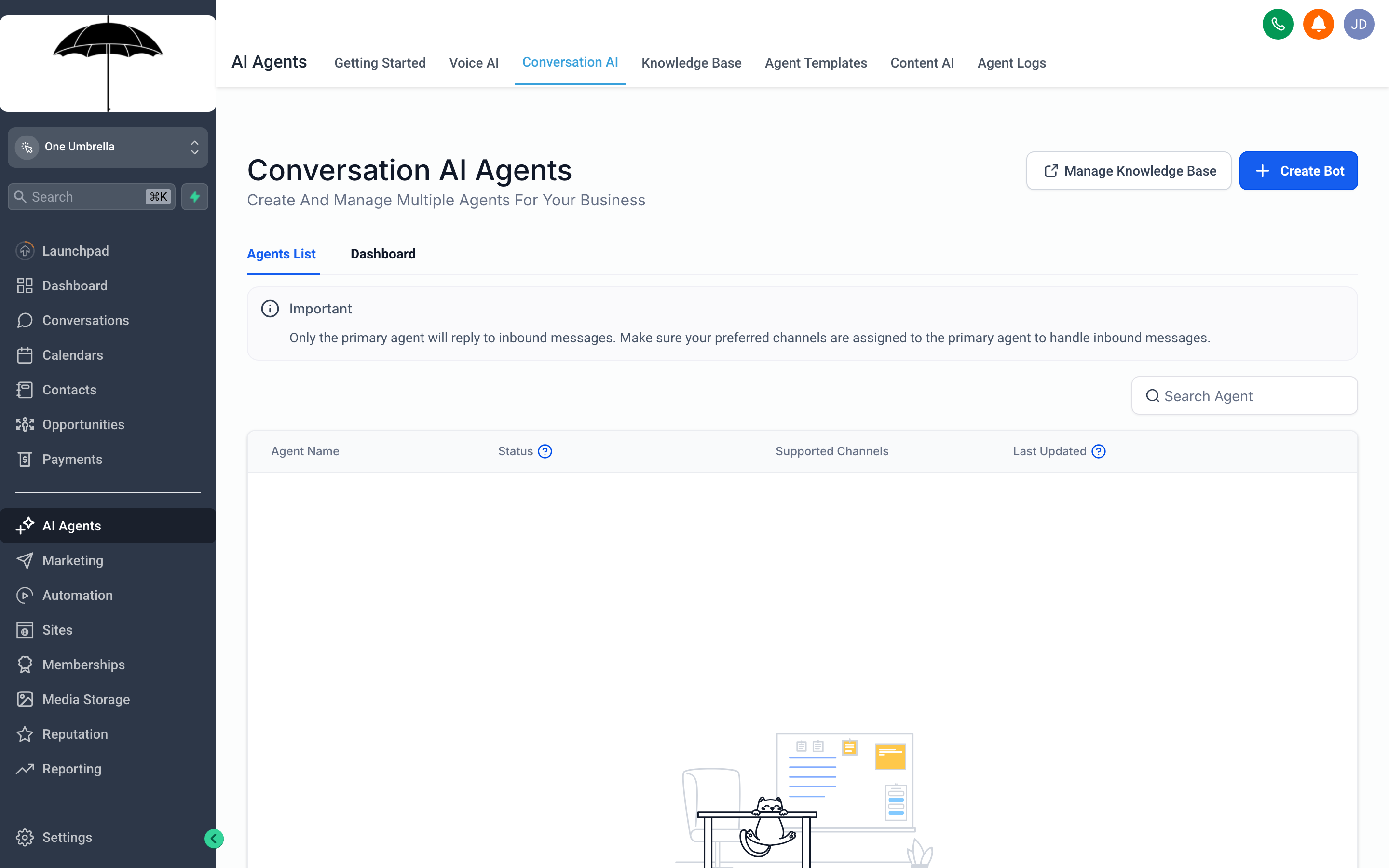 The Conversation AI configuration screen showing the bot persona, knowledge base, and channel toggles
