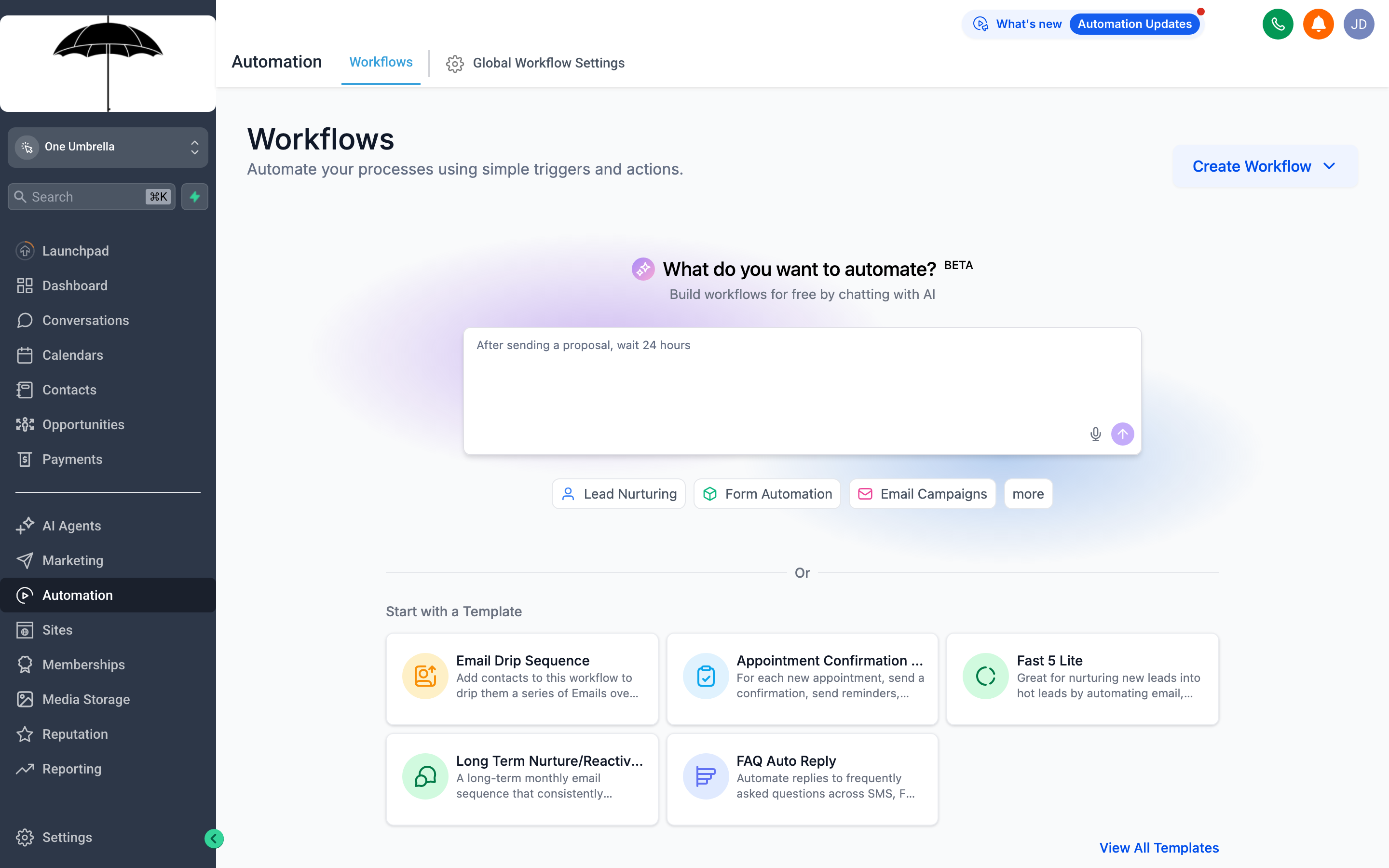 The workflow builder canvas showing a trigger connected to a series of action nodes, with a sidebar panel open for configuring an SMS action