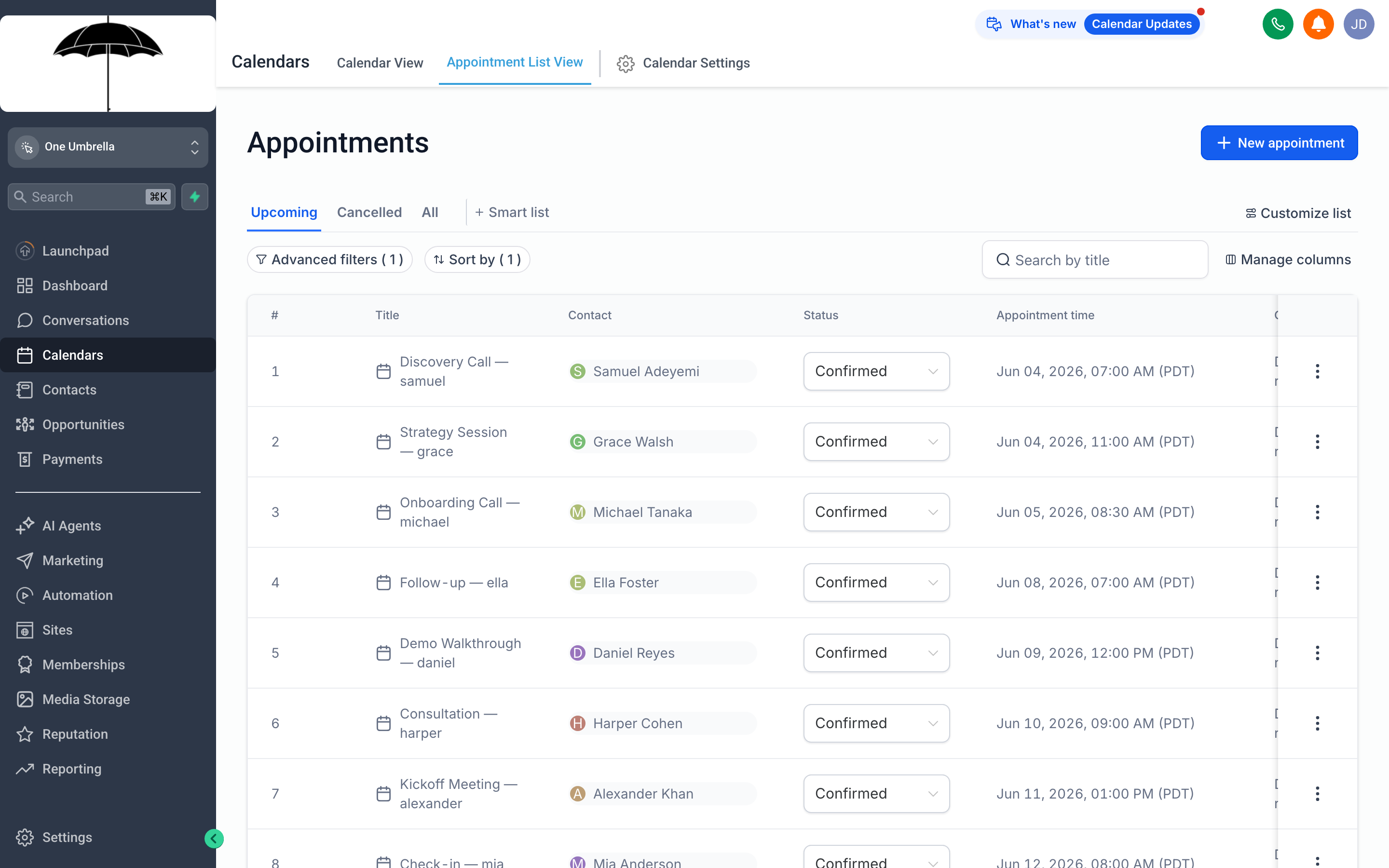 The One Umbrella Appointments list showing a sortable table of bookings with columns for contact name, date, calendar, and status