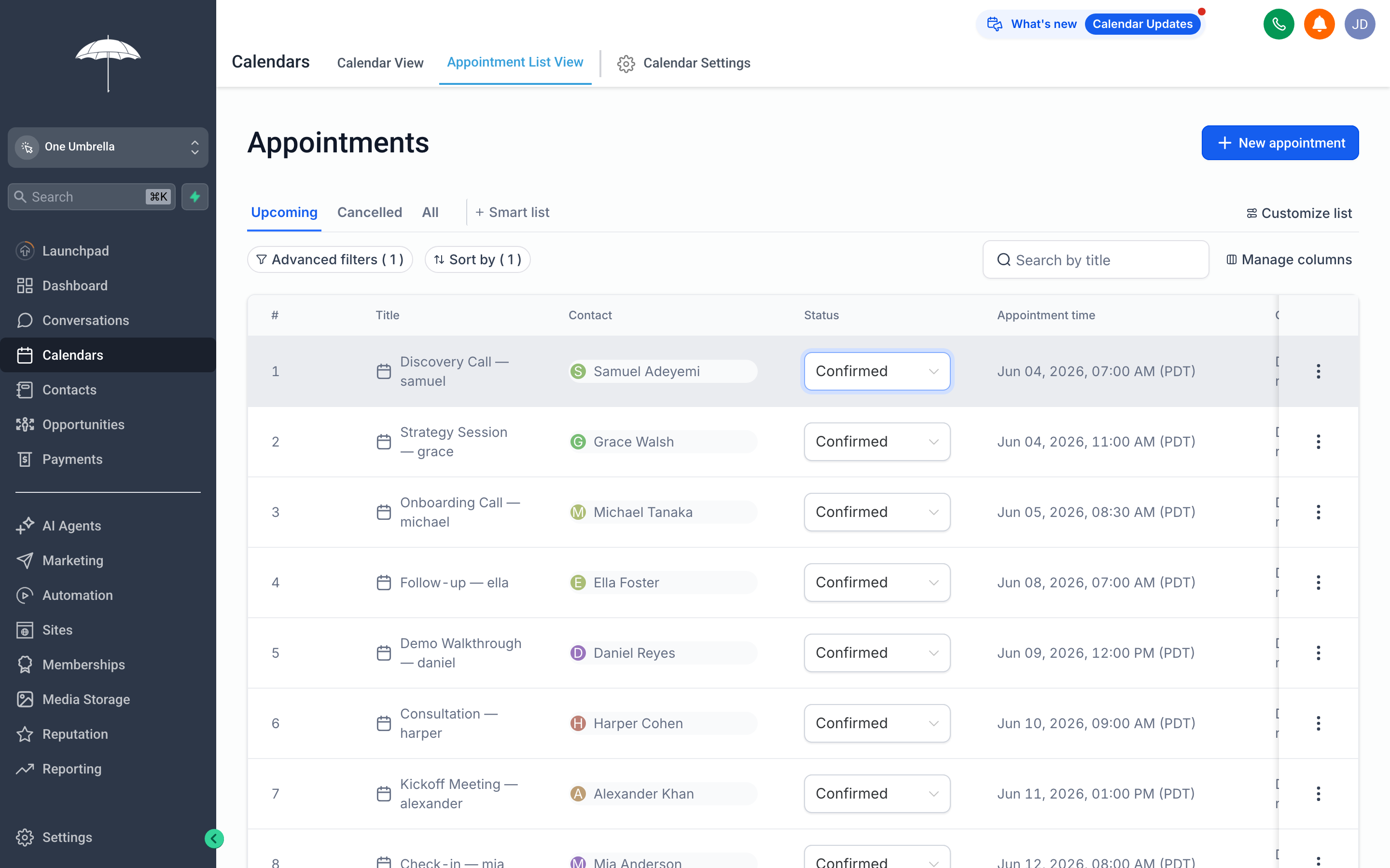 Appointment detail panel showing the contact name, date and time, calendar, status dropdown, and internal notes