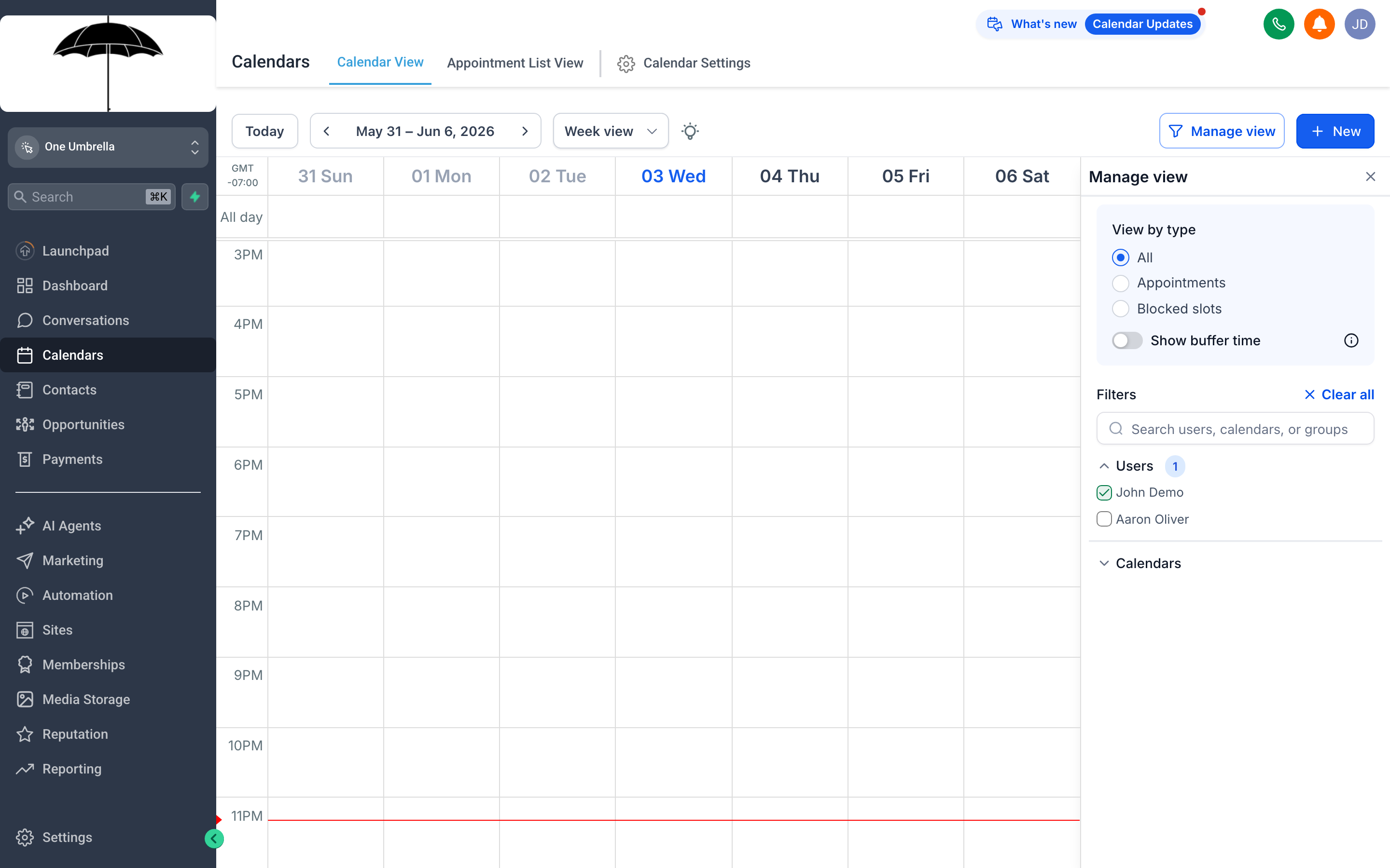 The One Umbrella Calendars view showing a weekly calendar grid with color-coded appointment blocks