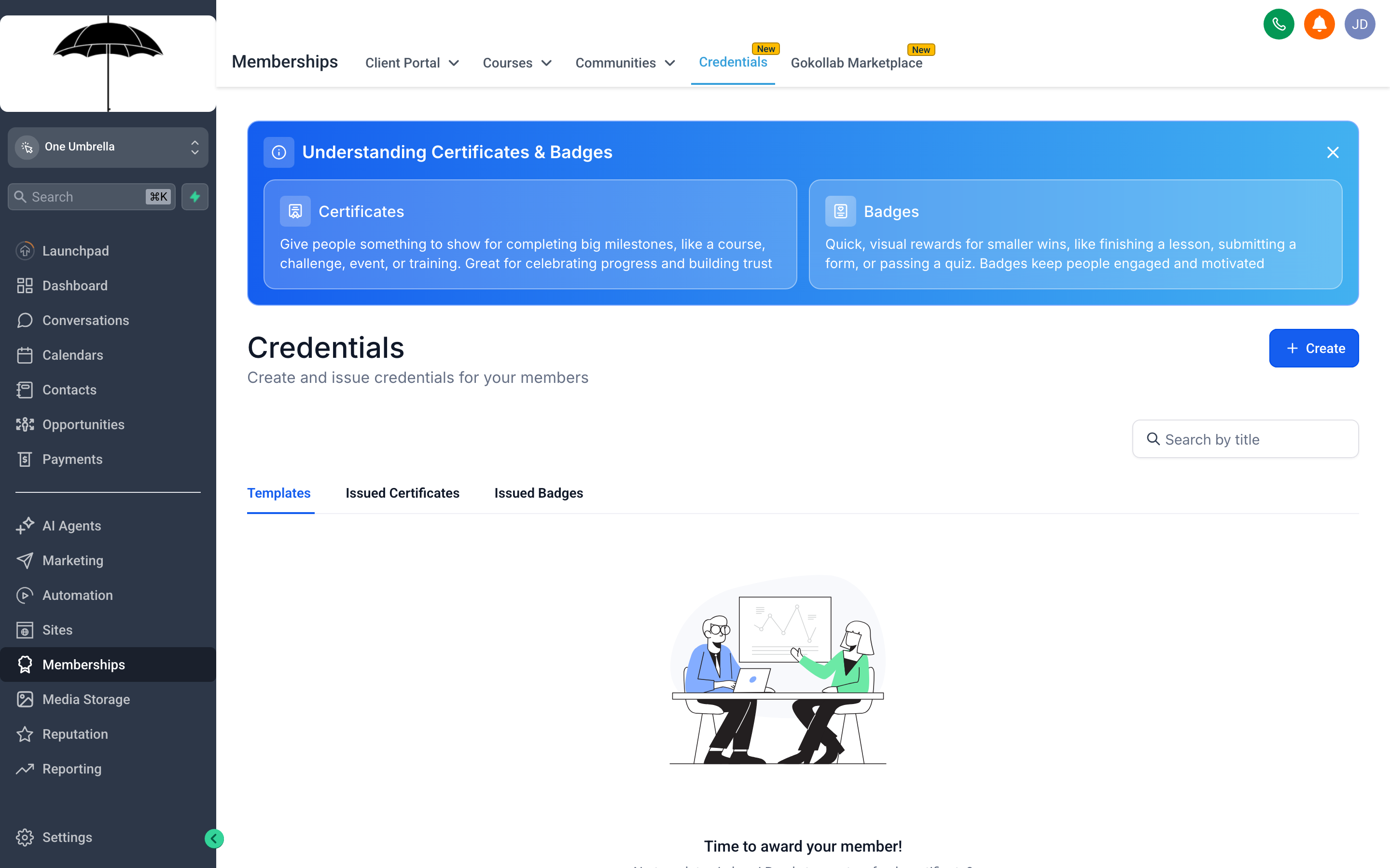 The Certificate builder showing a designed completion certificate with a student's name, course title, completion date, and a signature field, with customization options in the right panel