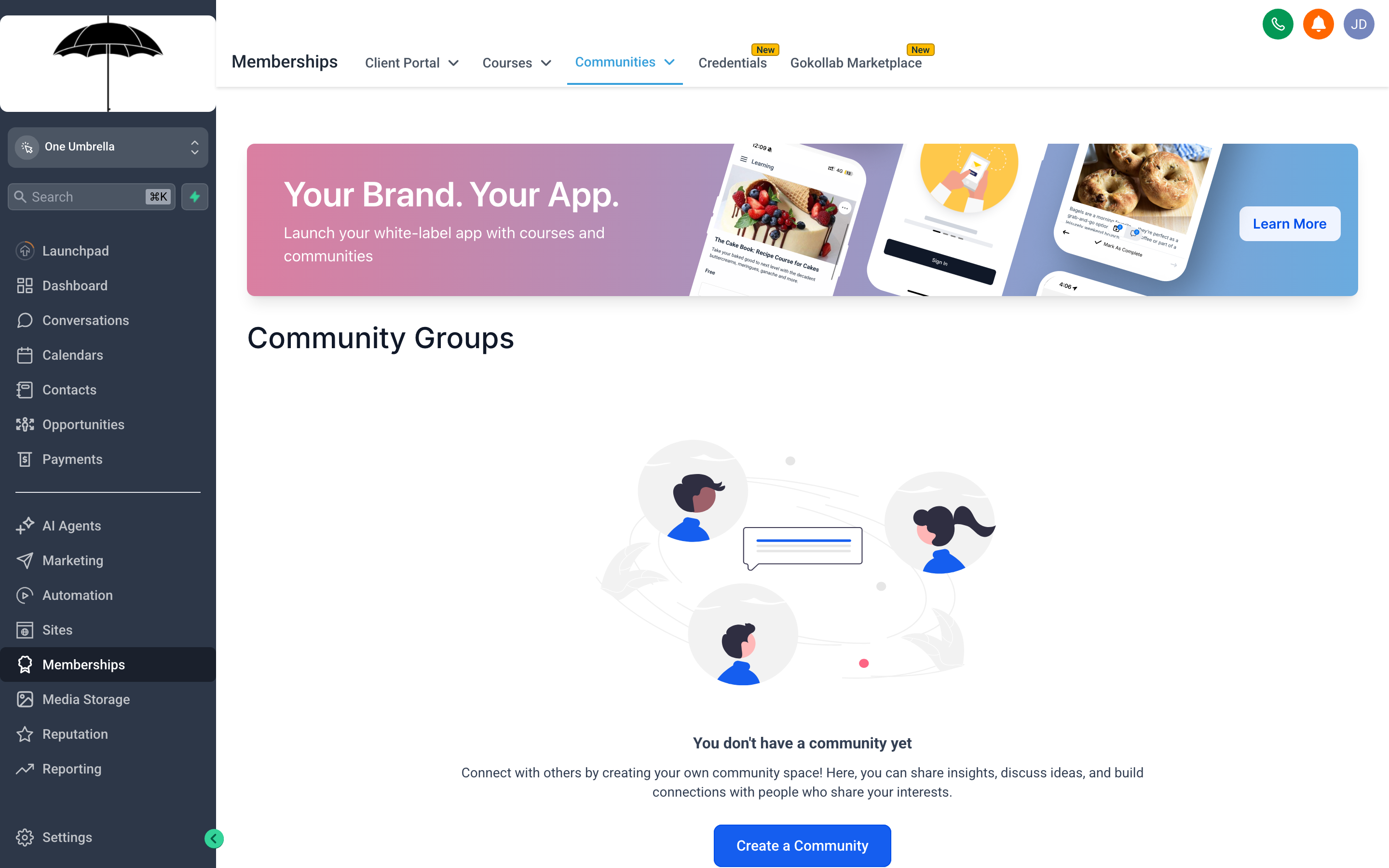 The Communities interface showing a branded group space with a feed of posts, a members list sidebar, and navigation tabs for channels, courses, and events