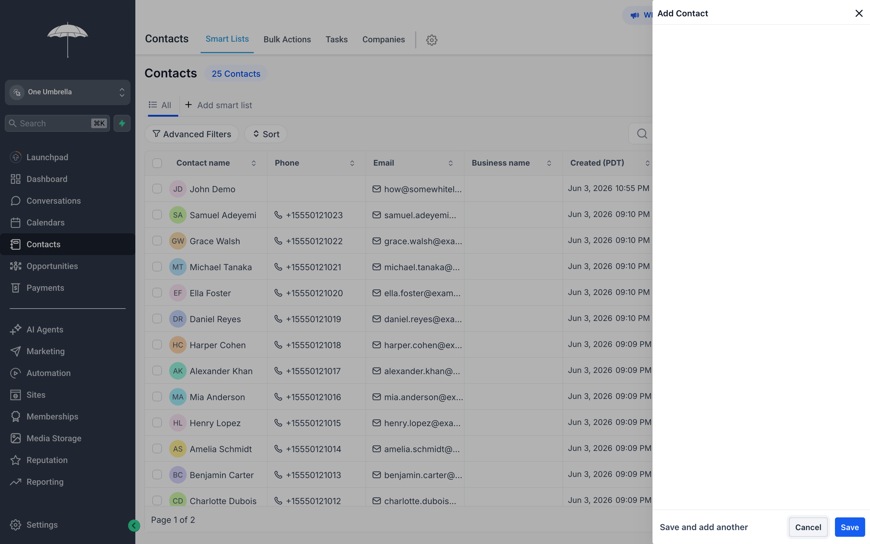New Contact form panel with fields for name, phone, email, tags, and additional details