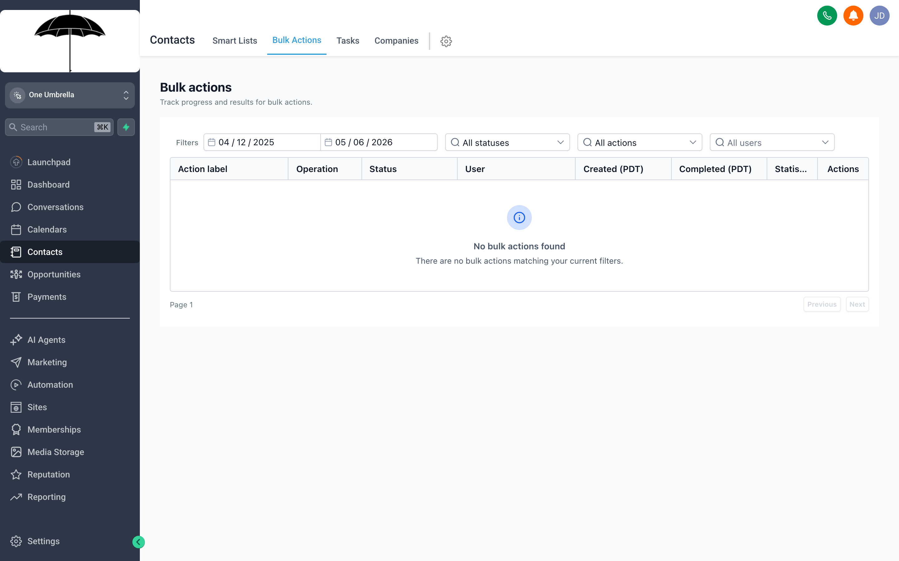 The Contacts list with multiple contacts selected via checkboxes, and the Bulk Actions menu open showing options to tag, export, add to workflow, or delete