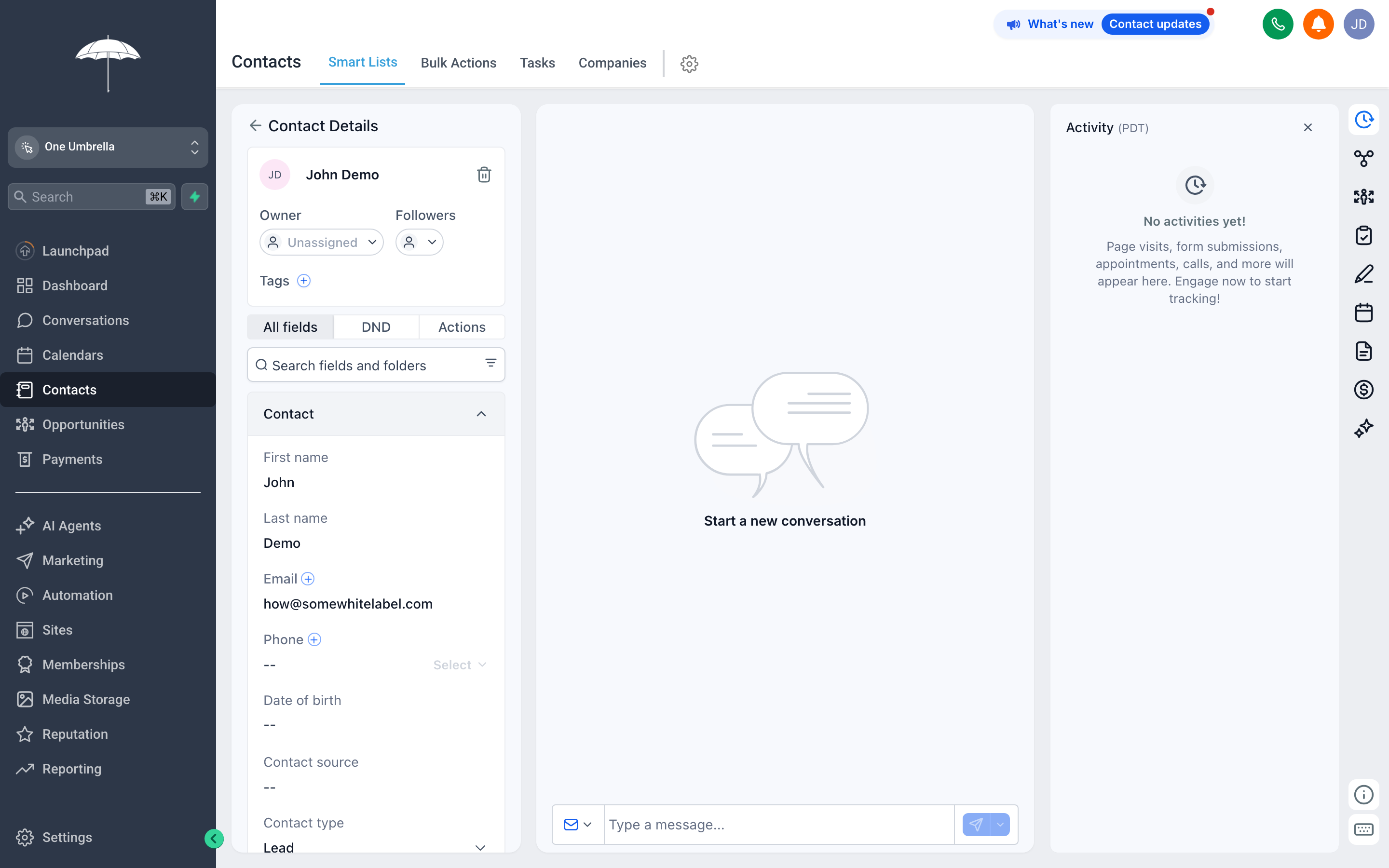 Full contact detail view showing profile fields, activity timeline, tags, opportunities, and conversation history