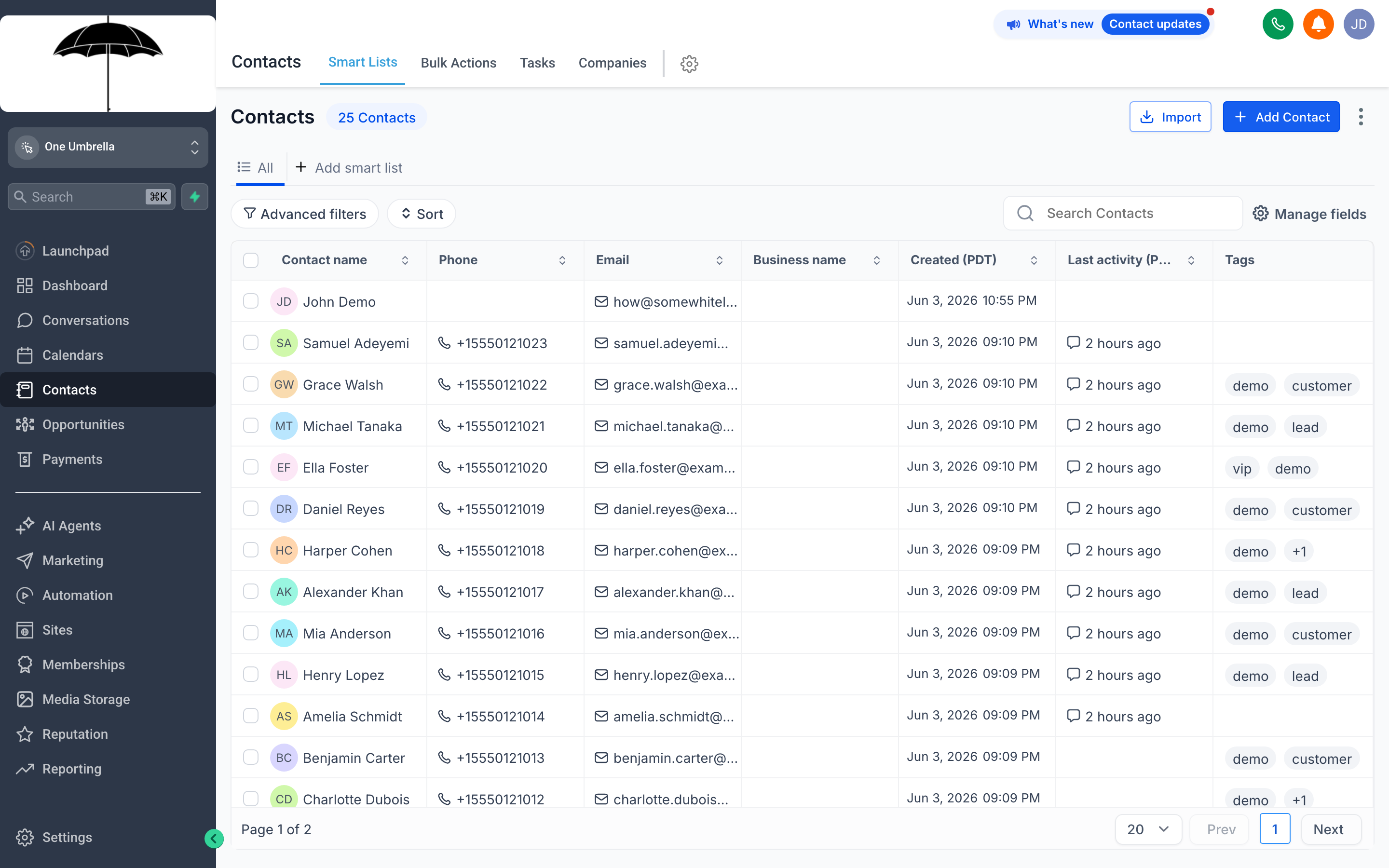 The Contacts list view showing a table of contacts with columns for name, phone, email, tags, and lead source