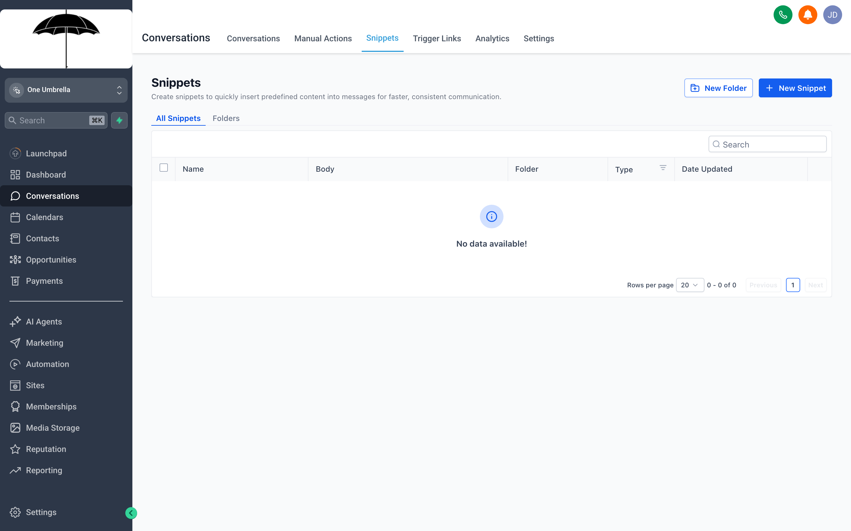 The Snippets panel open inside a conversation, showing a list of saved reply templates ready to insert