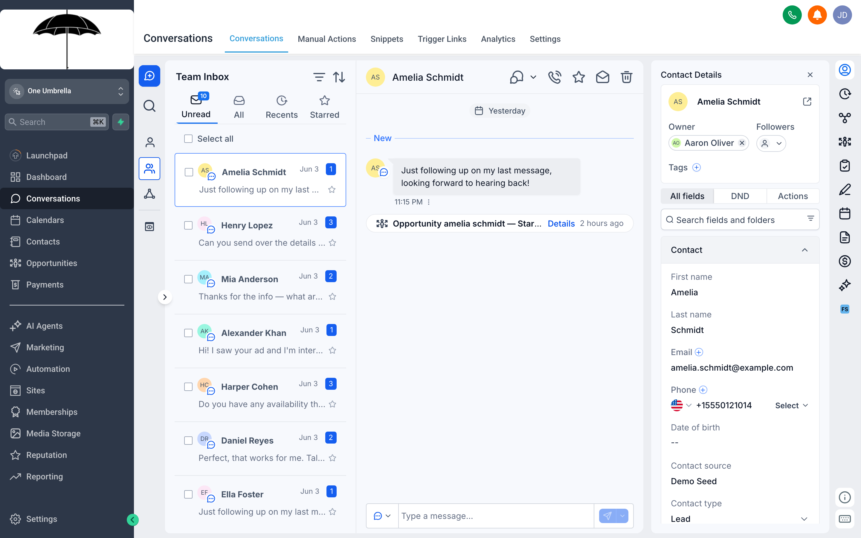 The Conversations inbox showing a list of message threads on the left and an open thread with a reply box on the right