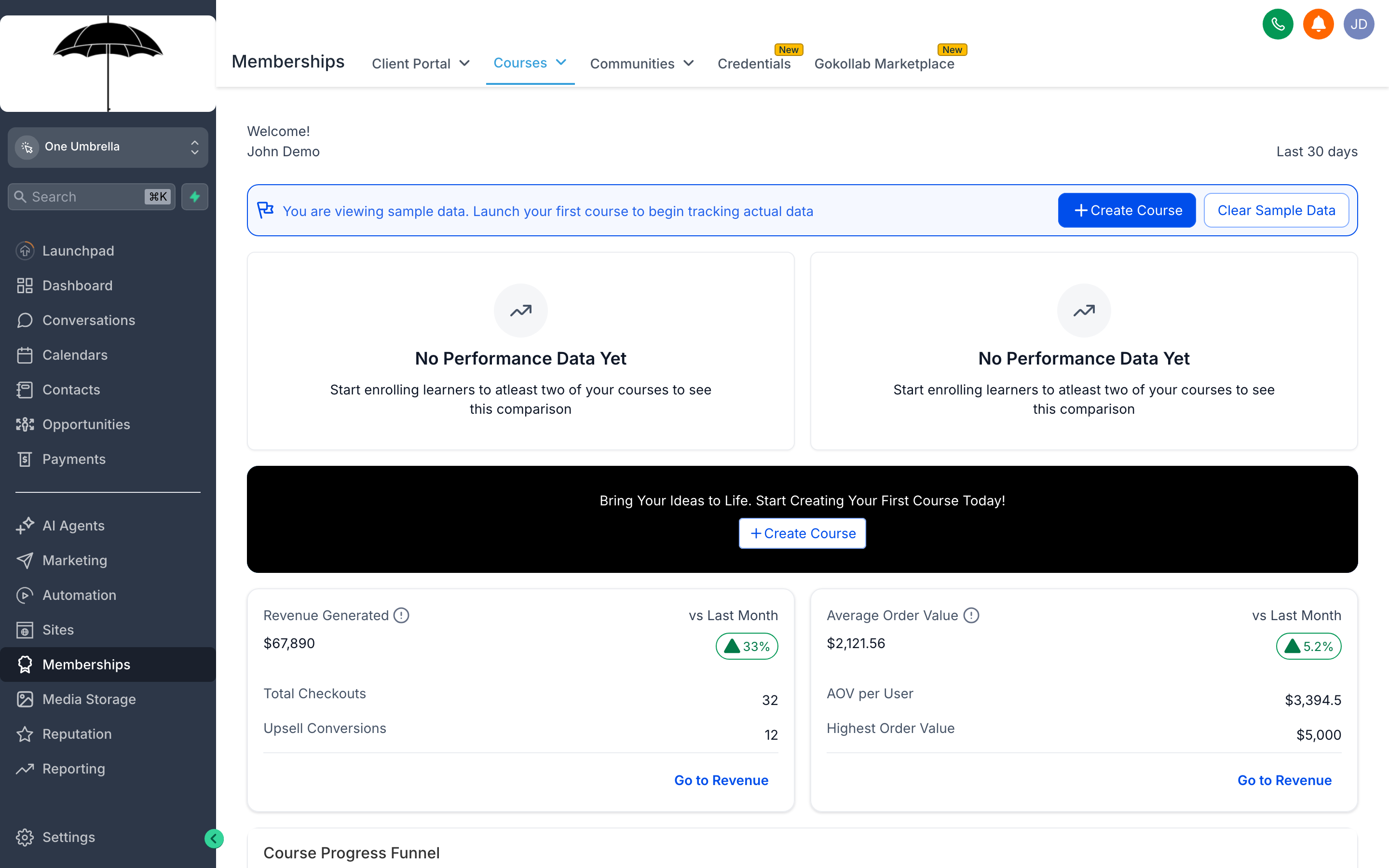 The Memberships hub showing a course library with published and draft courses, a Communities section, and a Certificates tab