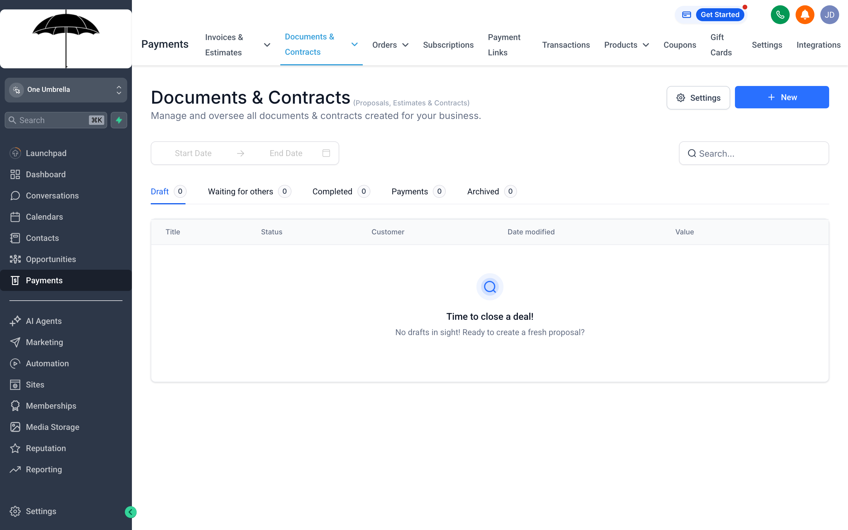 The Documents and Contracts screen showing a list of proposals and contracts with e-signature status