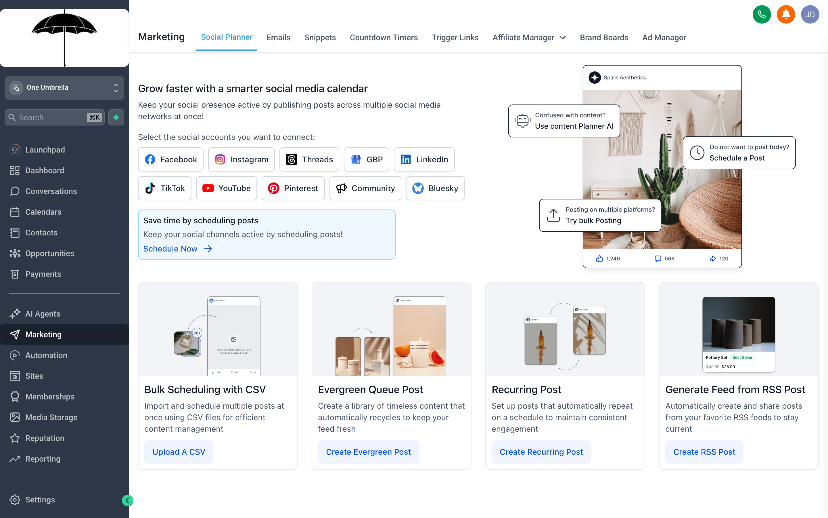The Marketing section overview showing navigation links for Social Planner, Email Campaigns, Templates, Trigger Links, Affiliate Manager, and Brand Boards