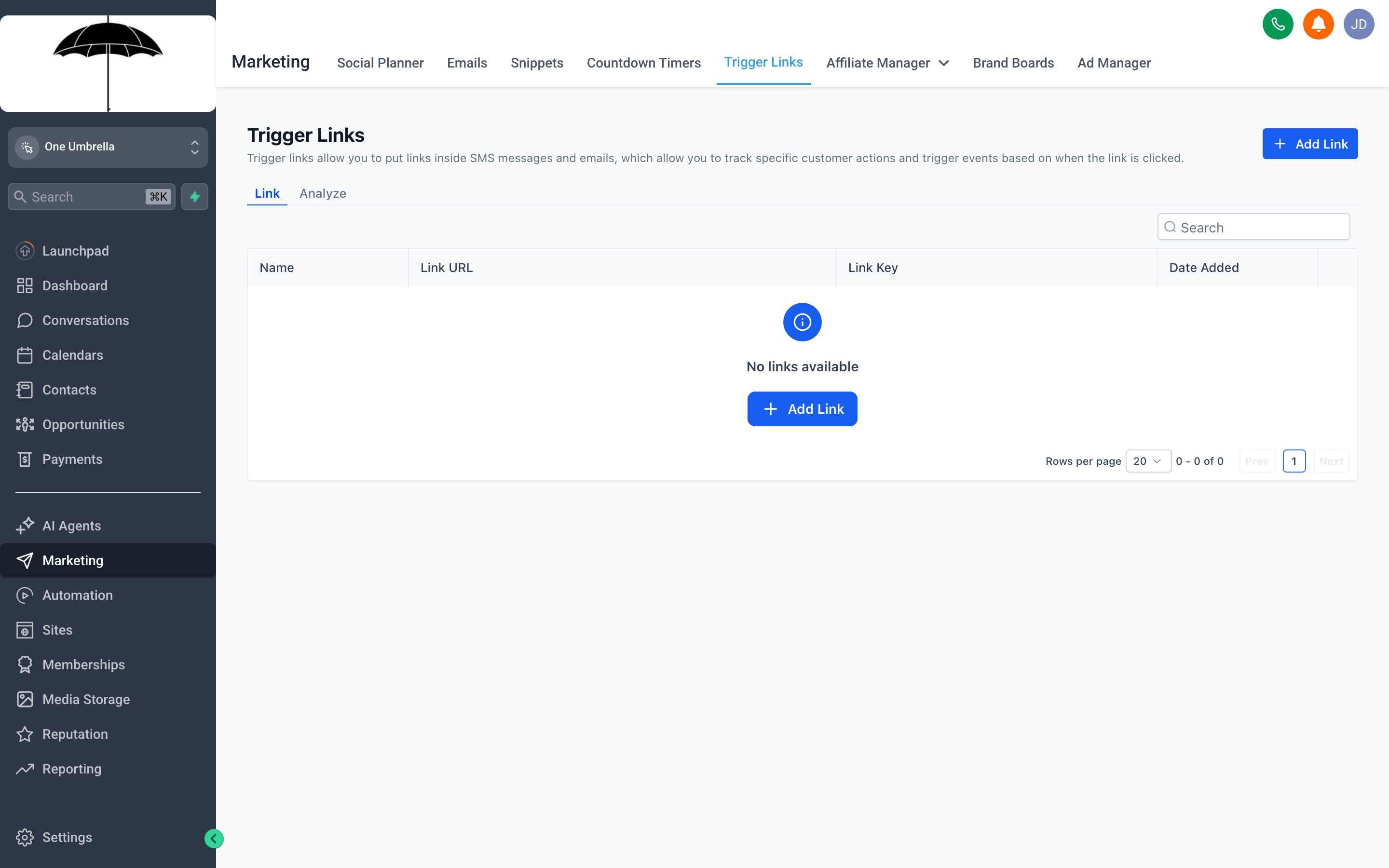 The Trigger Links manager showing a list of trackable links with their target URLs, associated workflows, and click counts