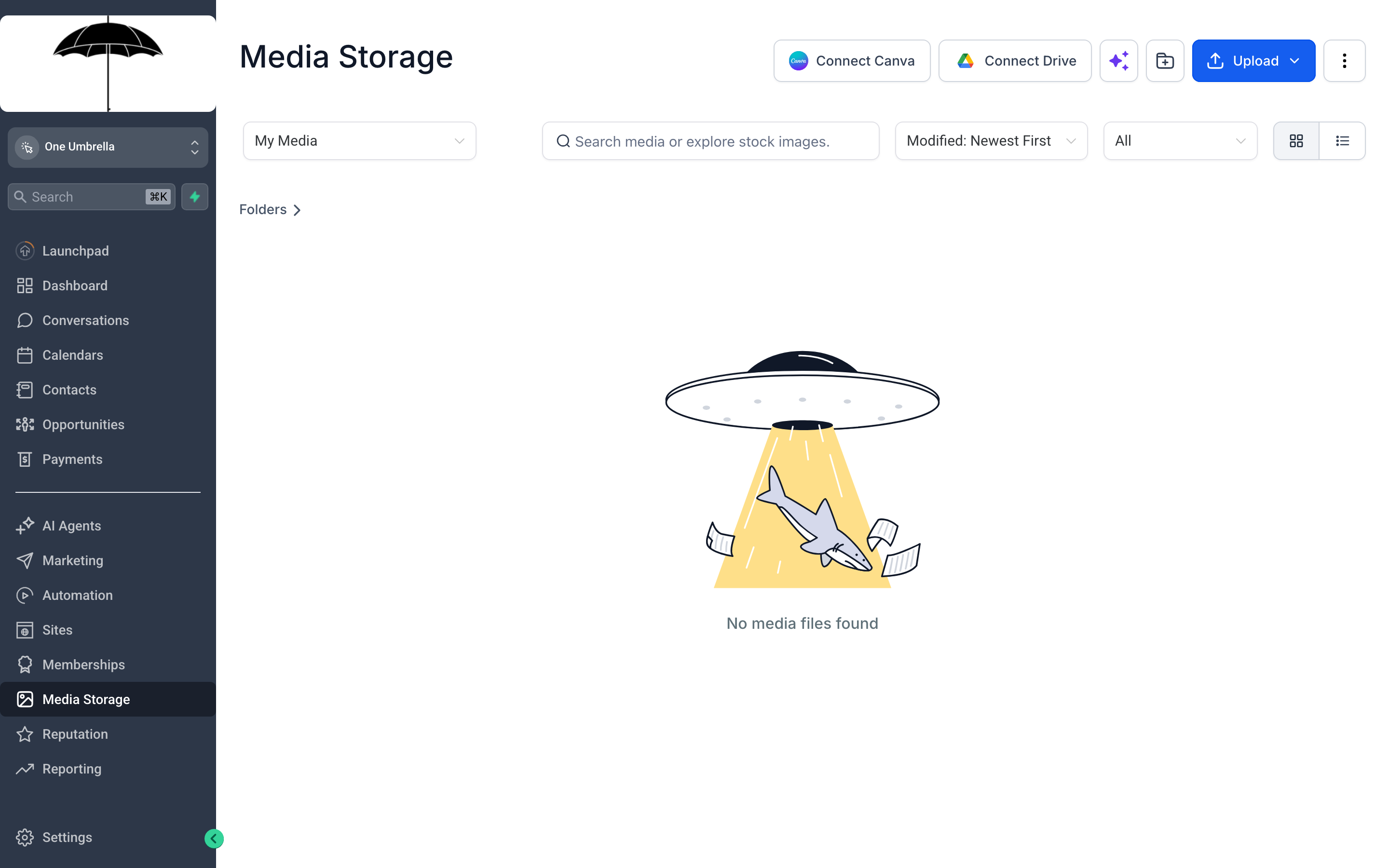 The Media Storage library showing a grid of uploaded images and videos organized into folders, with an upload button and search bar at the top