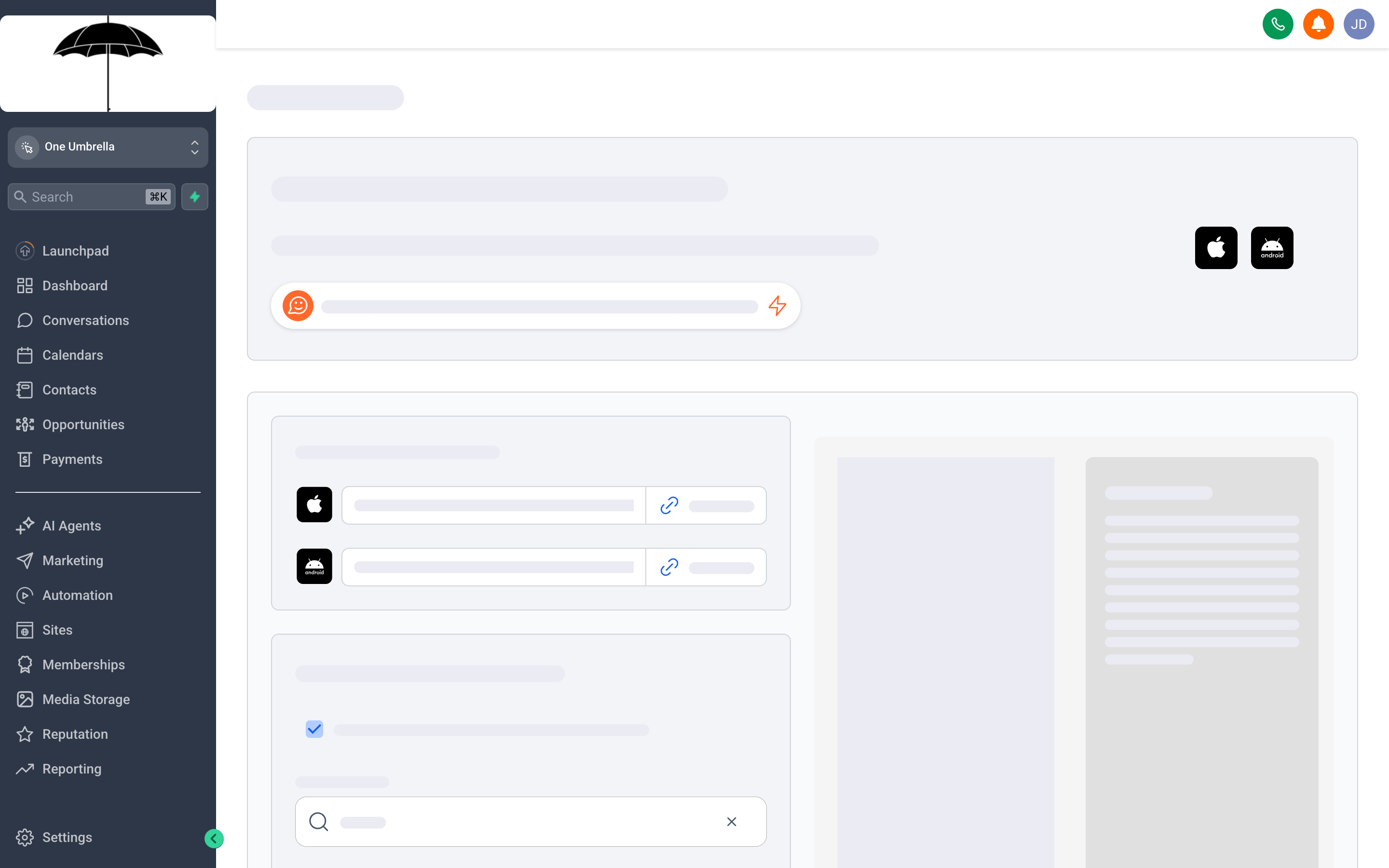The mobile app home screen showing a conversations inbox, contact quick-actions, upcoming appointments, and a notification badge for new leads