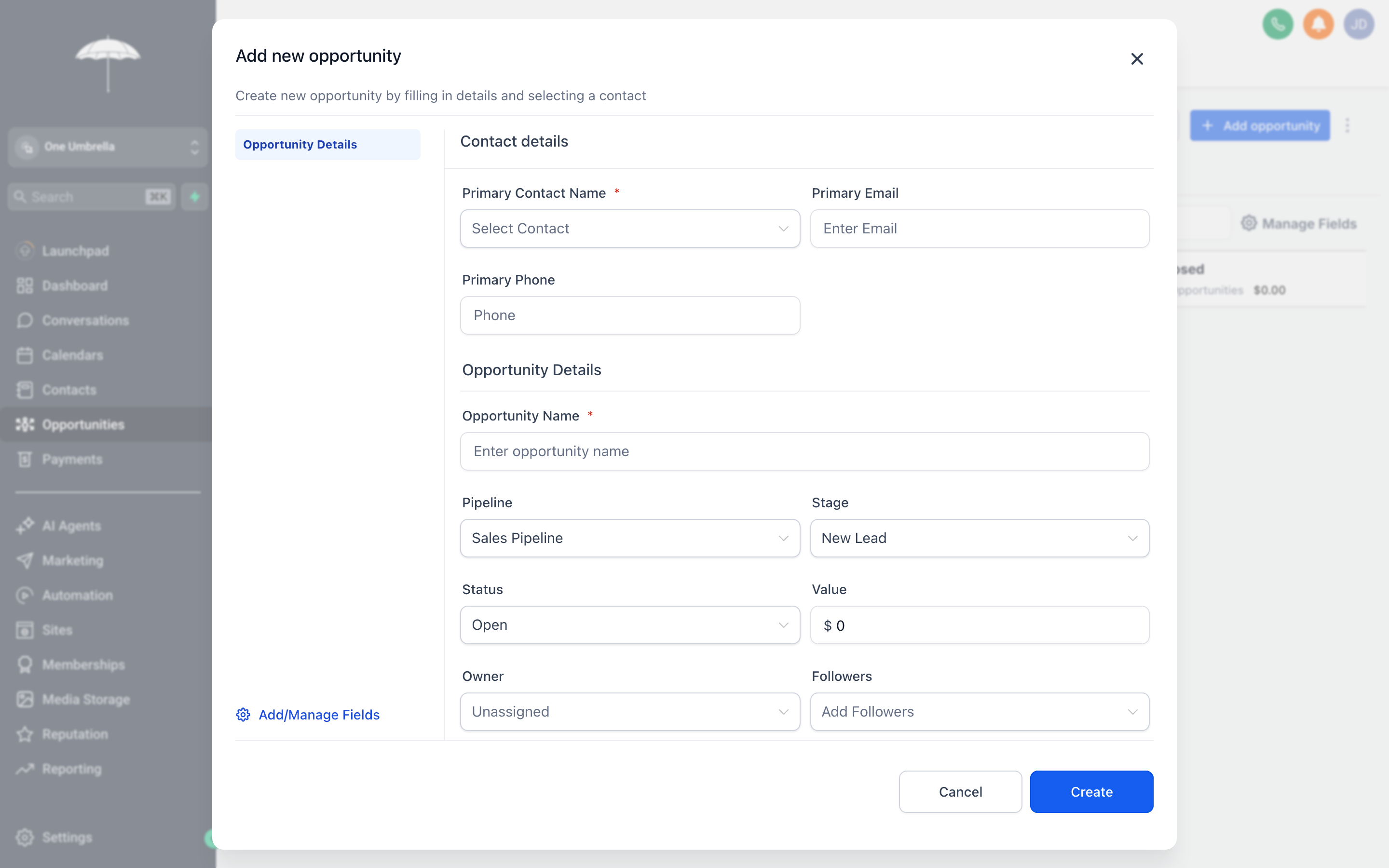 New Opportunity form showing fields for contact, opportunity name, monetary value, pipeline, stage, and assigned user