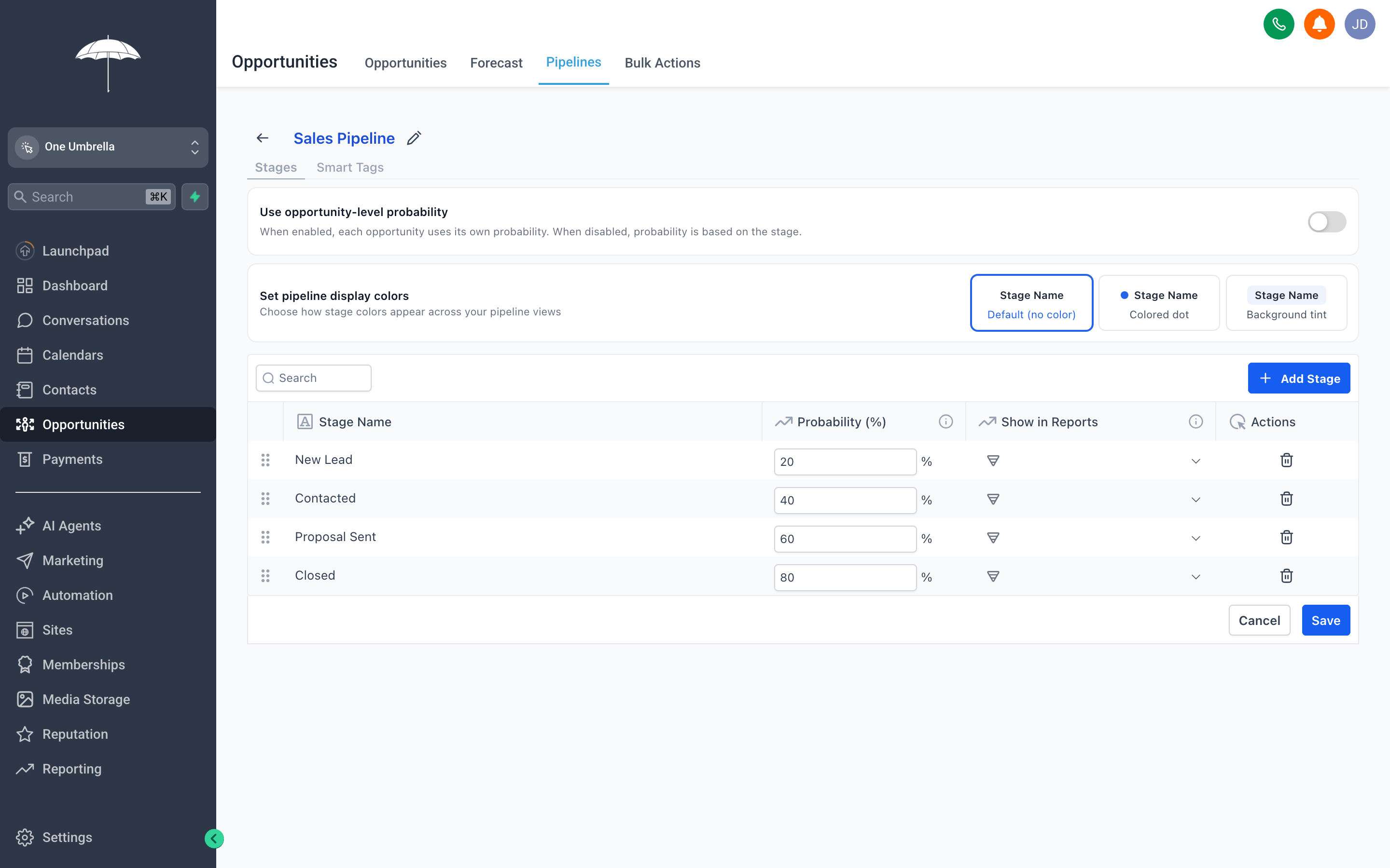 Pipeline stage settings showing display-color options, per-stage probability, and report-visibility toggles