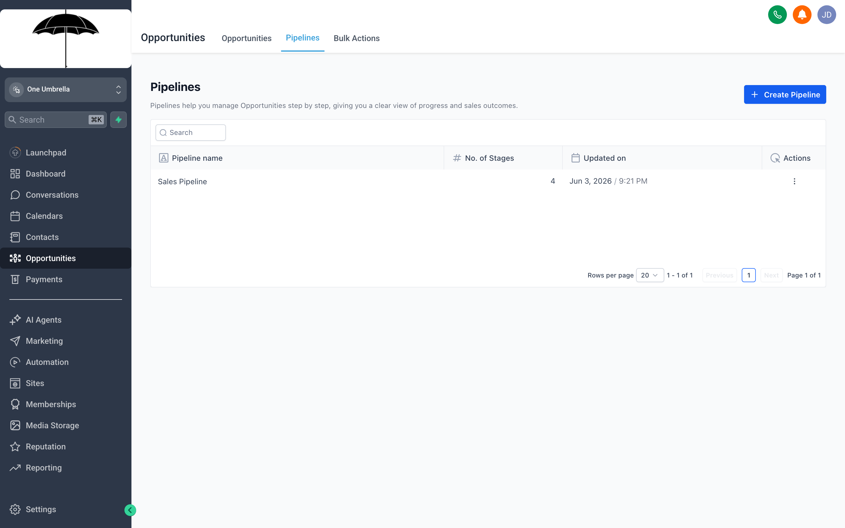 The One Umbrella pipeline settings screen showing a list of pipelines and their editable stage names