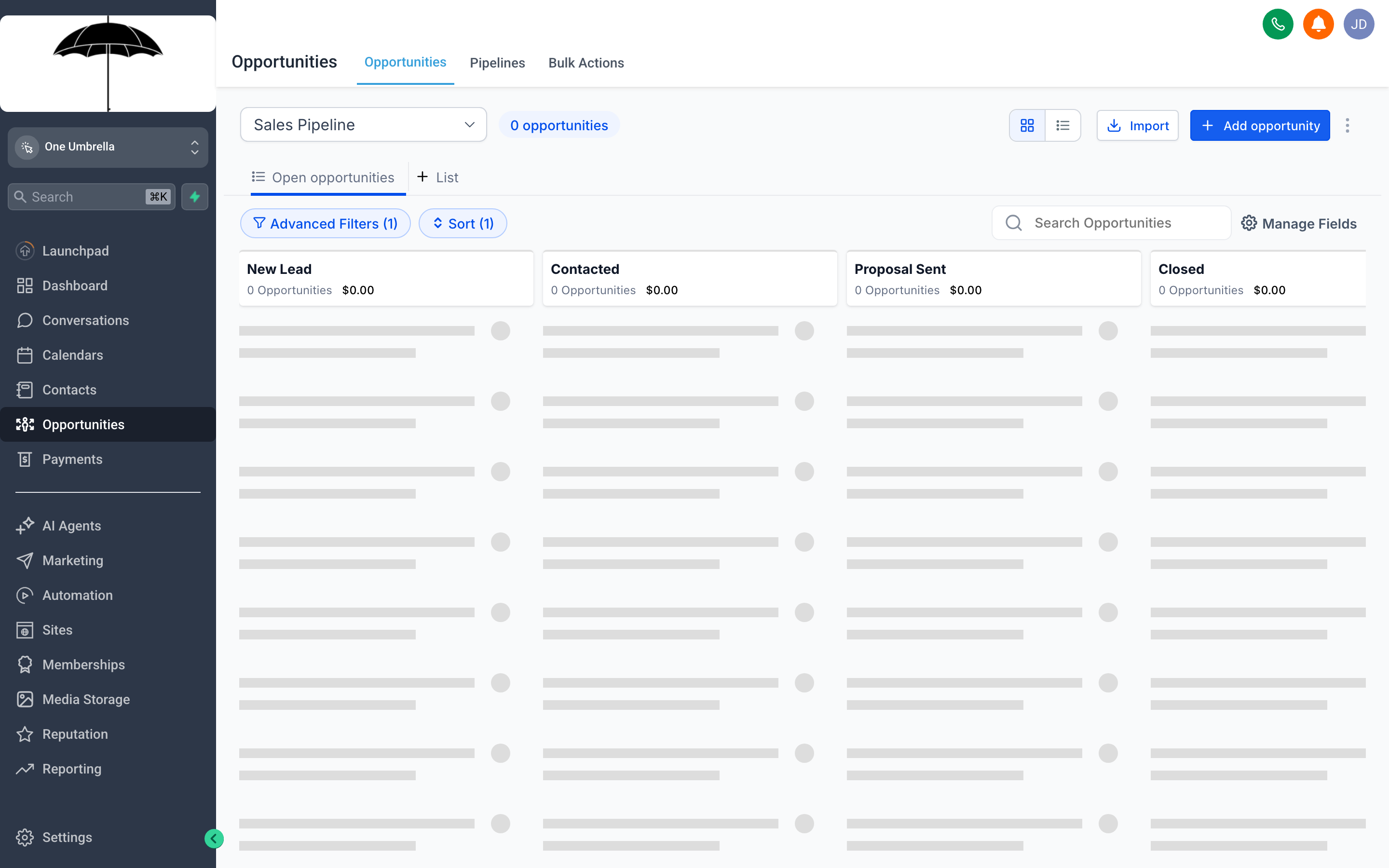 The One Umbrella Opportunities screen showing a Kanban pipeline board with deal cards in stage columns