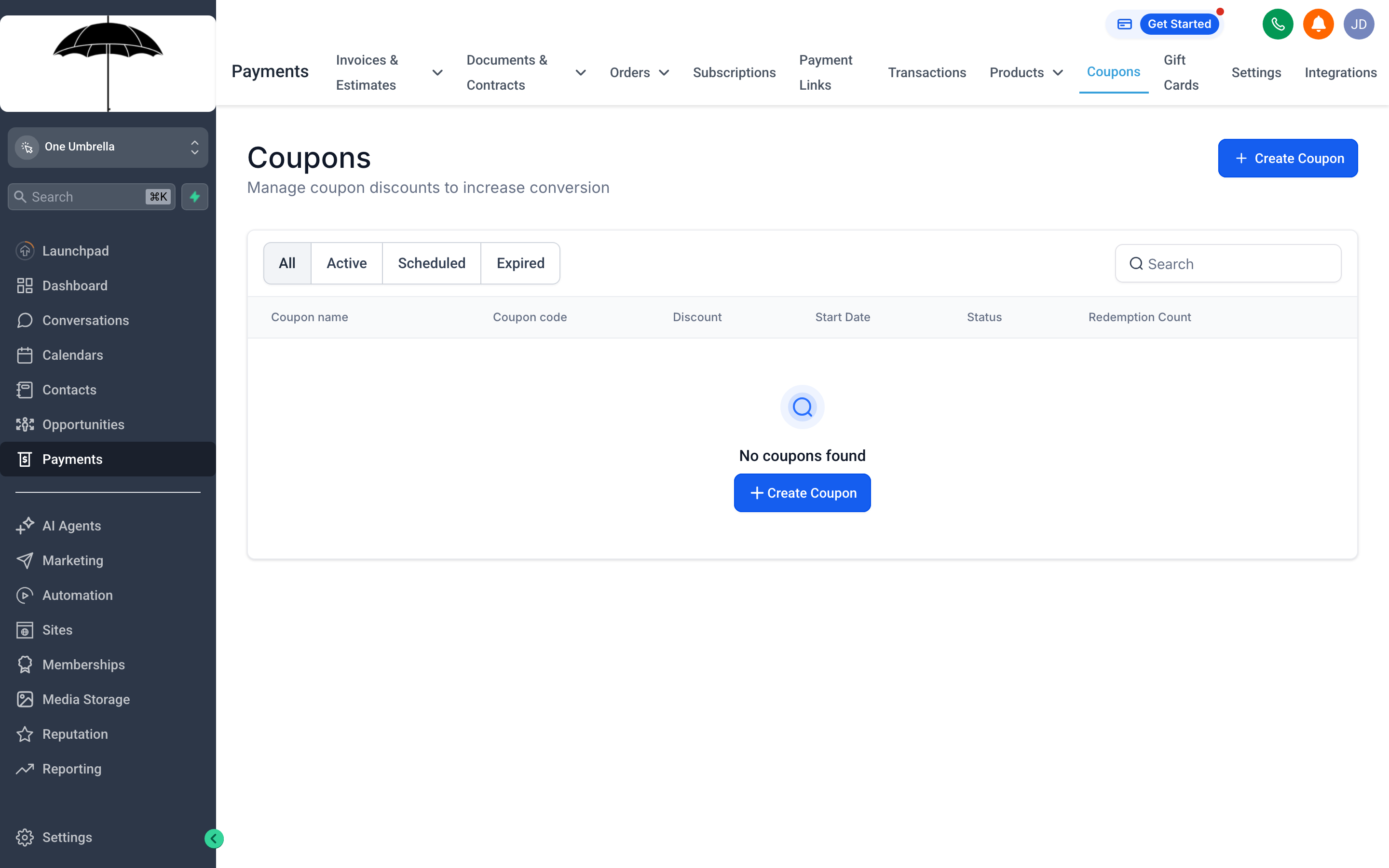 The Coupons tab showing a list of discount codes with usage limits and expiry dates