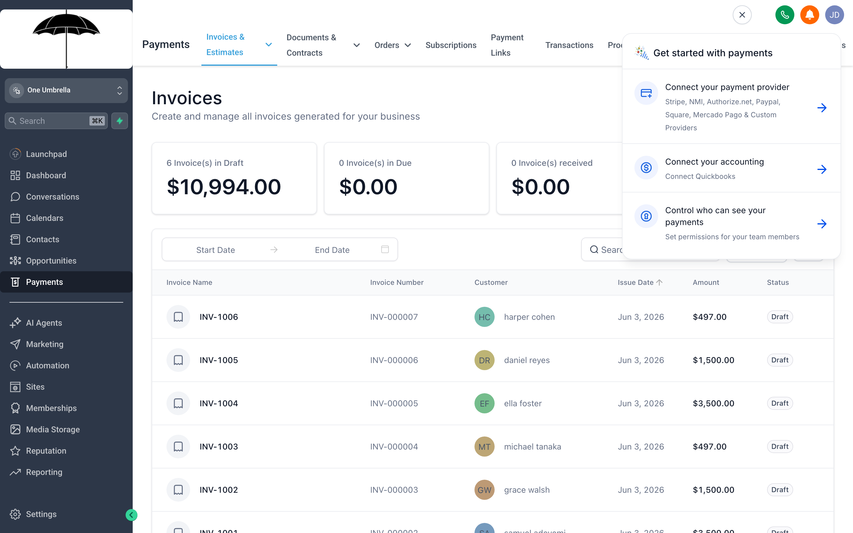 The Payments overview screen showing the Invoices tab with a list of draft, sent, and paid invoices