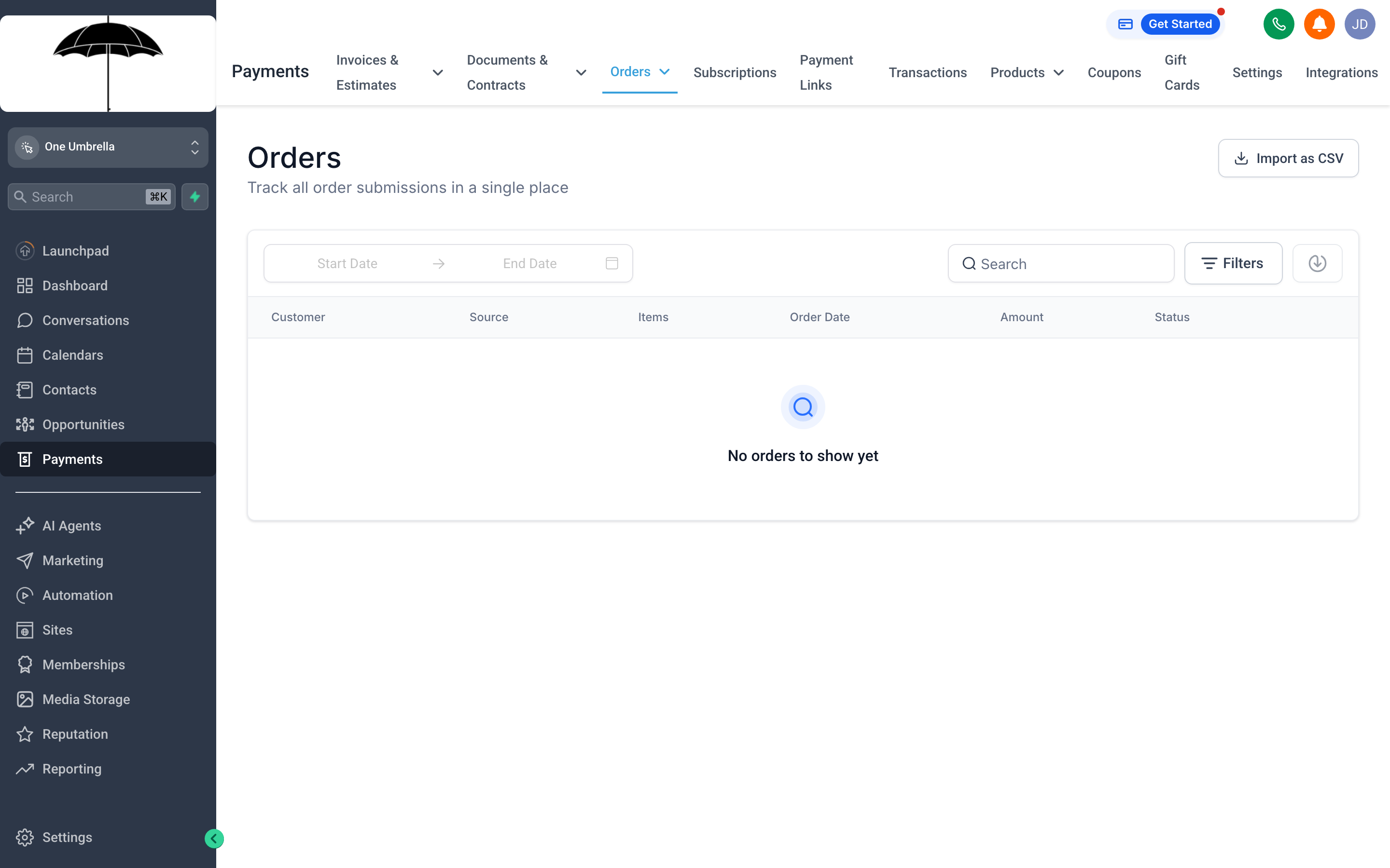The Orders tab showing a list of completed purchases with contact names, products, and totals