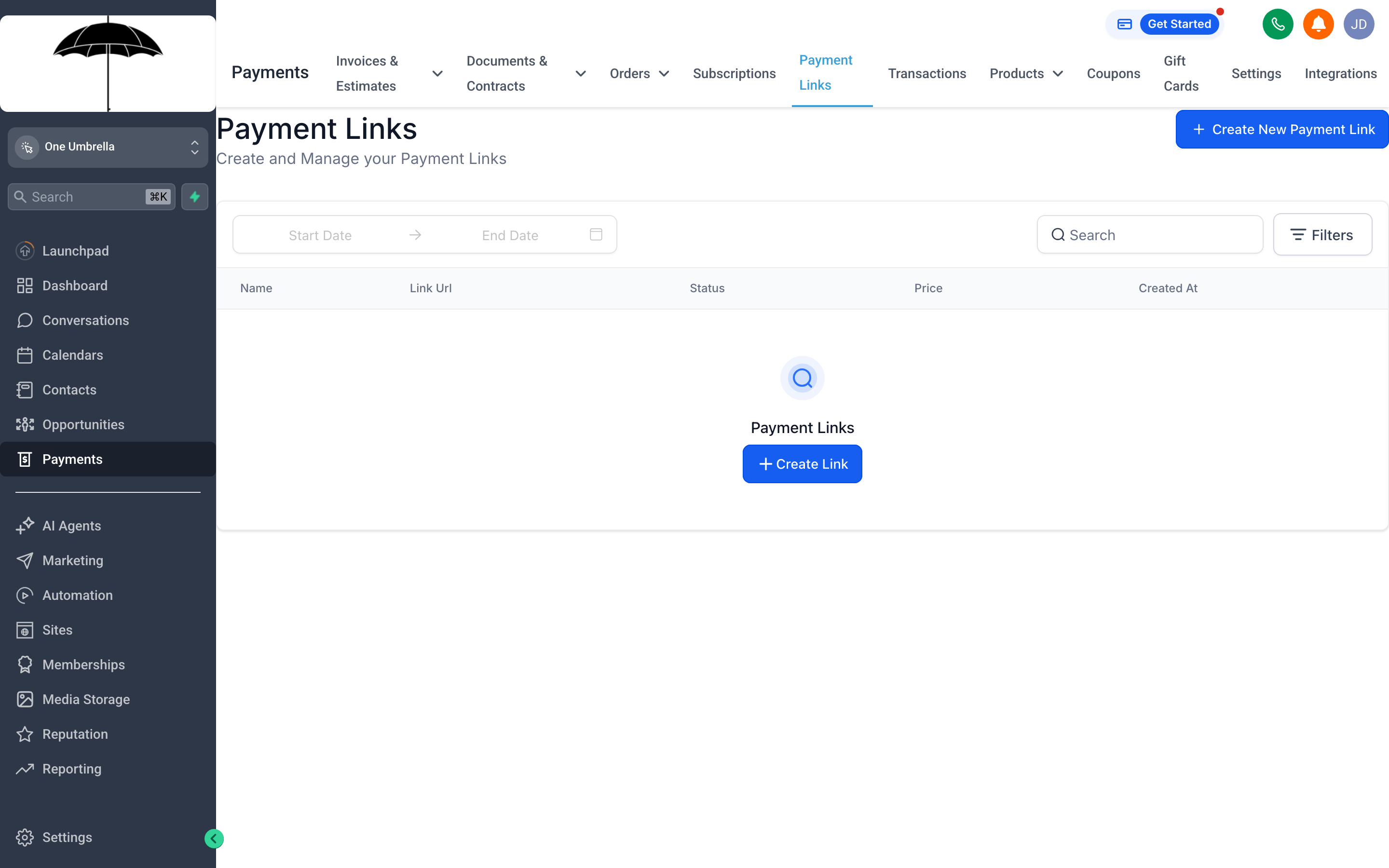 A payment link configuration screen showing a product selection and shareable URL