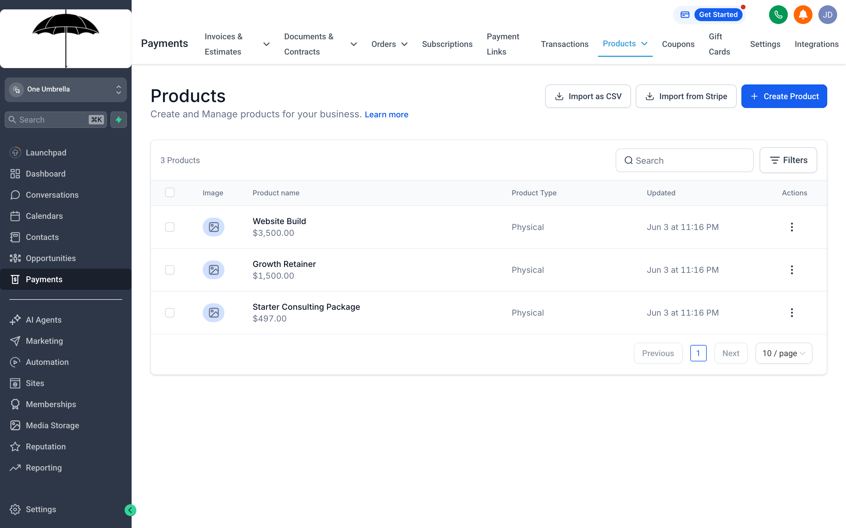 The Products tab showing a catalog of services with names, descriptions, and prices