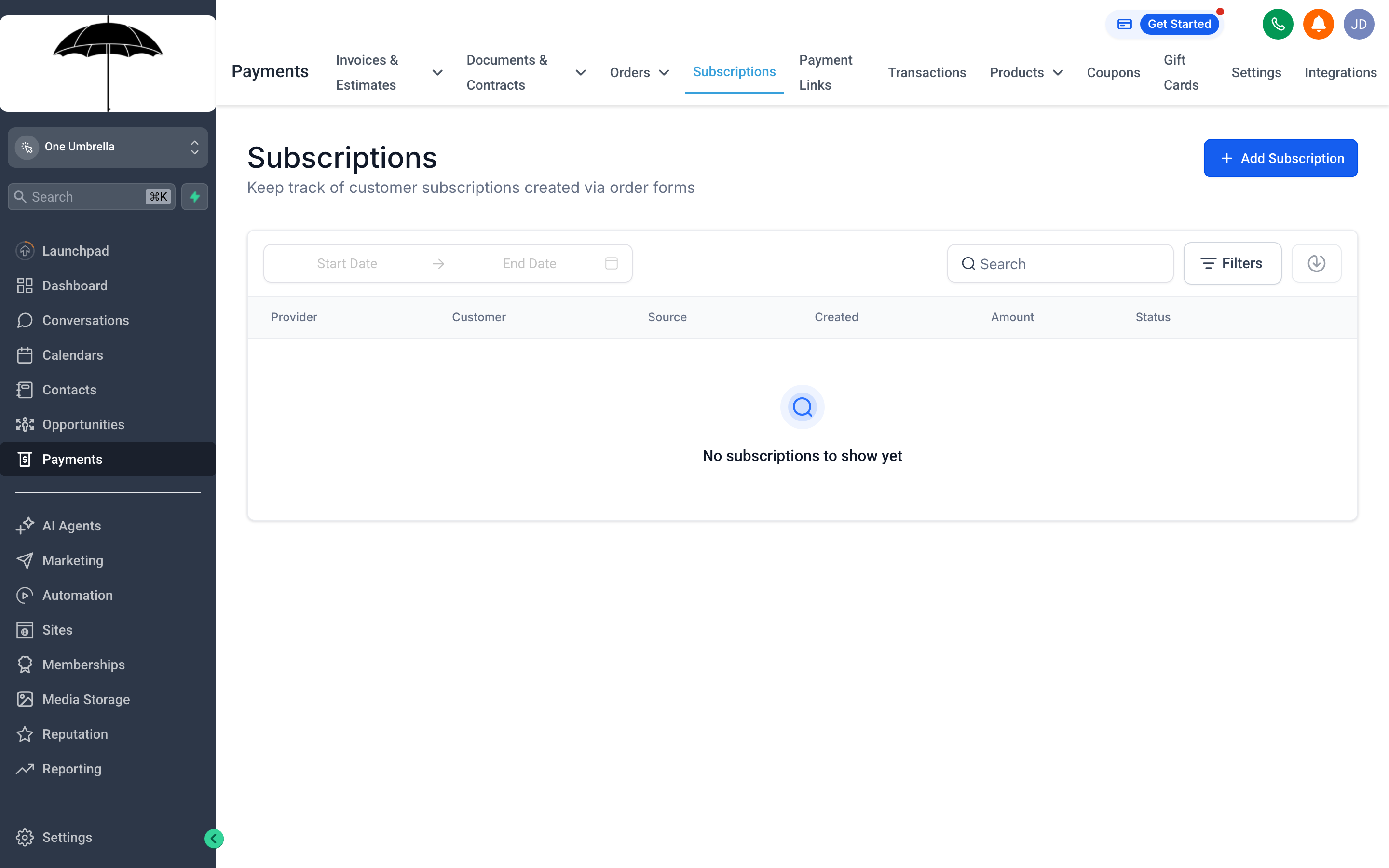 The Subscriptions tab showing a list of active recurring billing plans with renewal dates