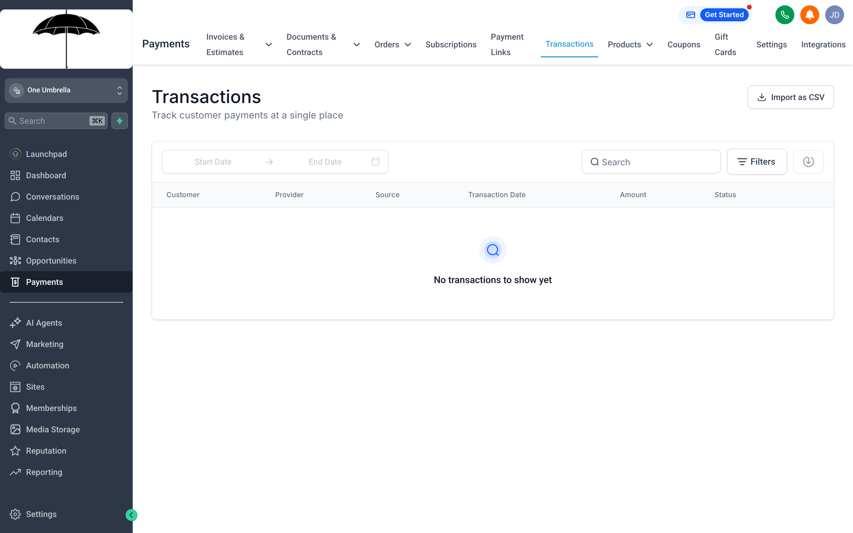 The Transactions tab showing a detailed ledger of money in and out across all payment methods