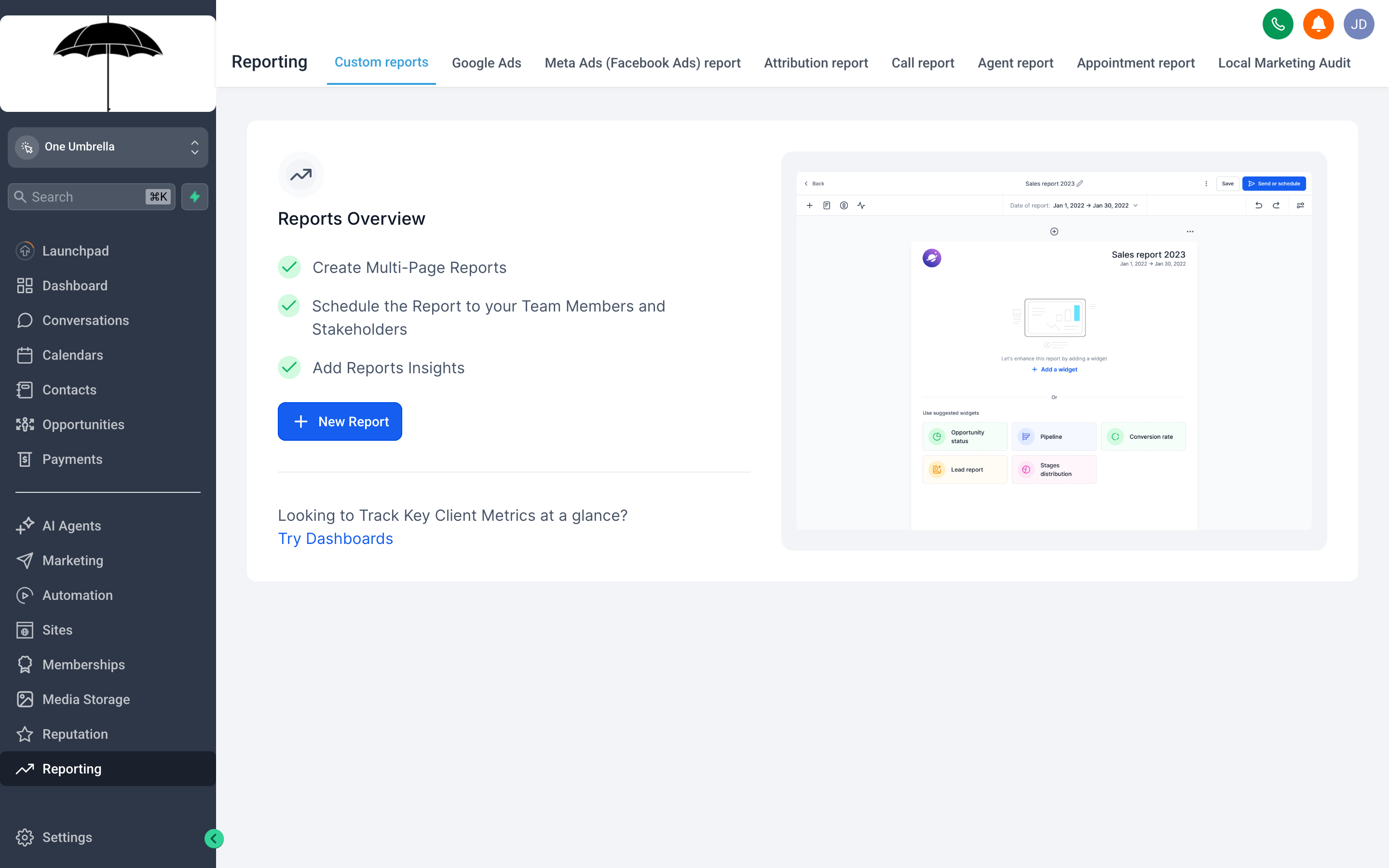 The Reporting hub overview showing summary cards for appointments, pipeline revenue, and conversion rate, with a date range selector and navigation tabs for different report types
