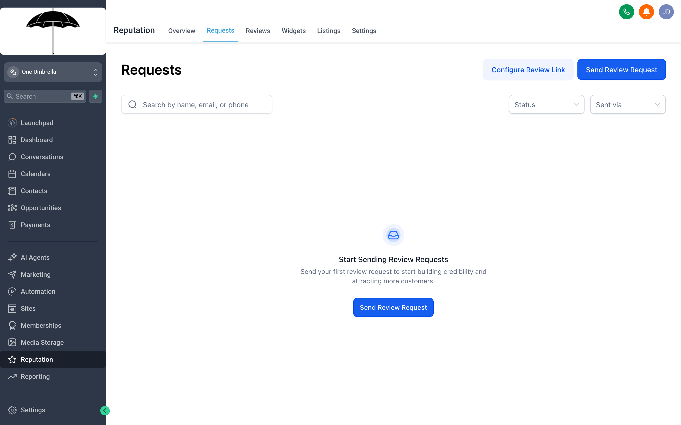 The One Umbrella Reputation review requests screen showing a contact search field, SMS and email channel options, and a send button