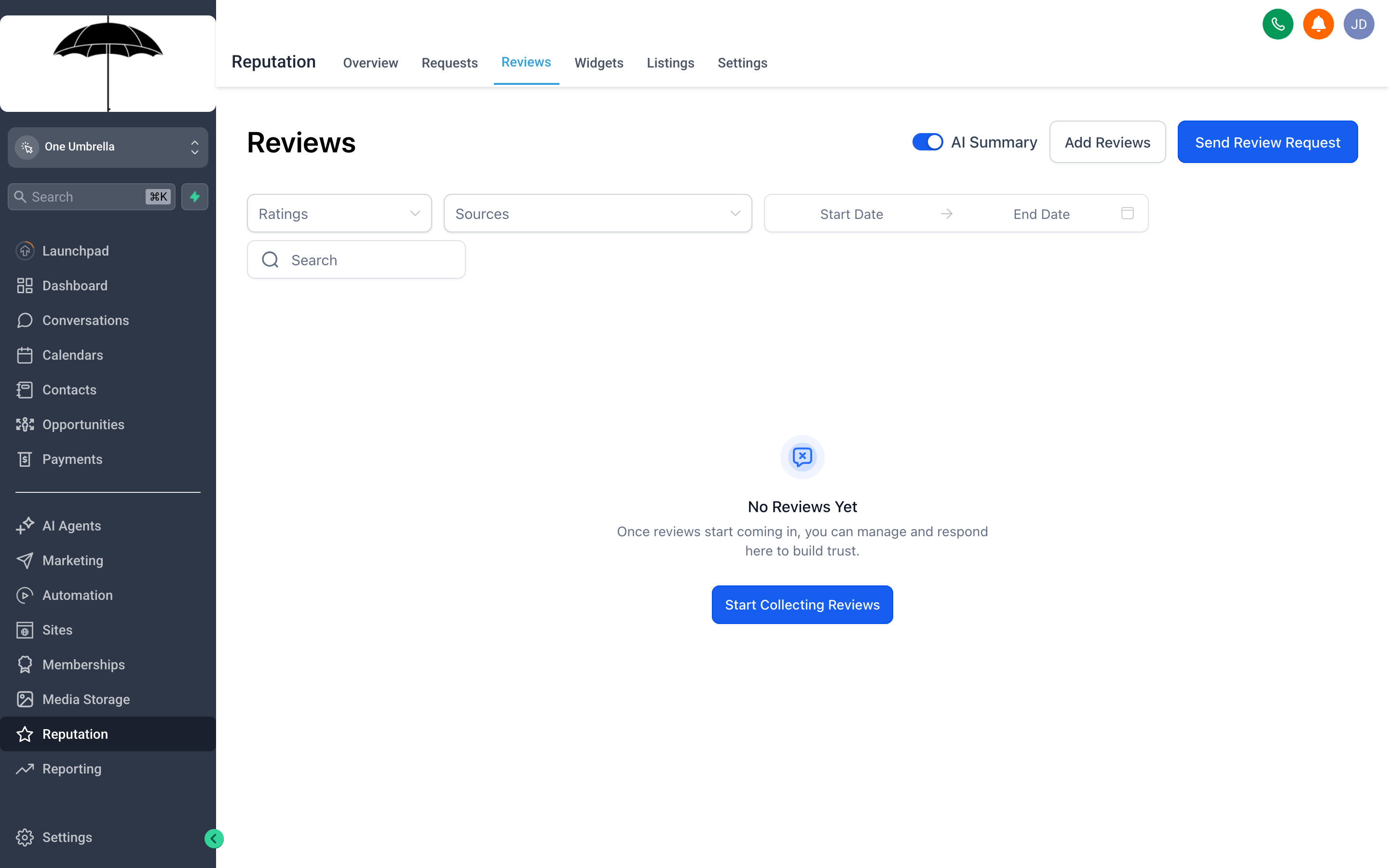 The One Umbrella Reputation reviews screen showing a list of incoming reviews with star ratings, review text, and reply fields