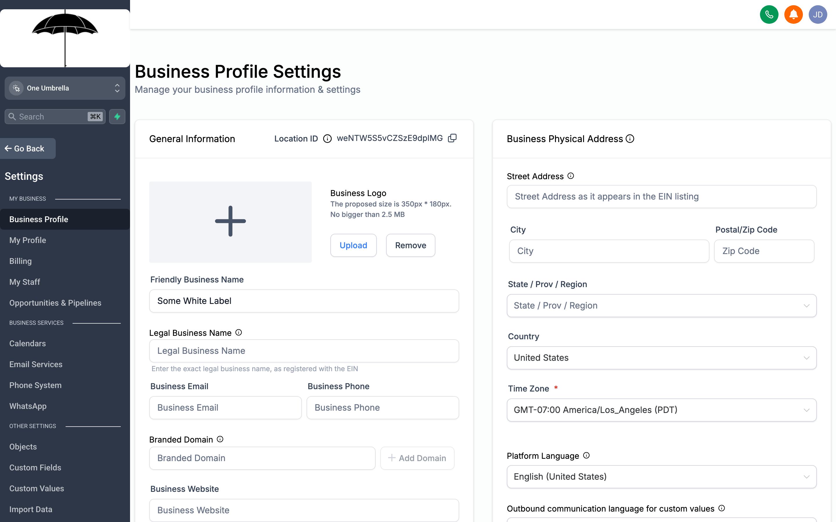 The Business Info settings page showing fields for company name, address, phone, website, and business hours
