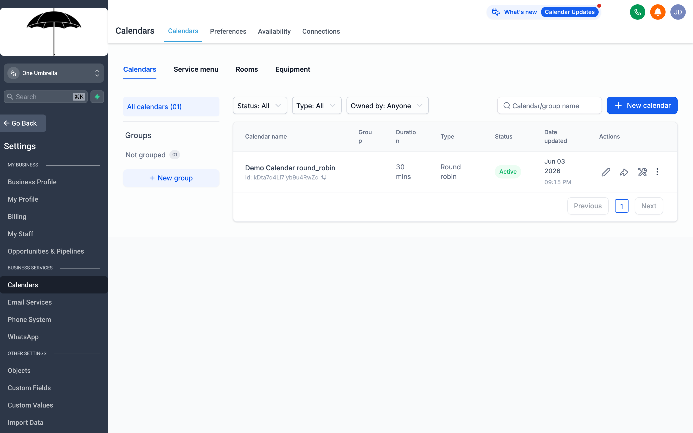 The Calendar Settings page showing availability slots, appointment types, and booking rules