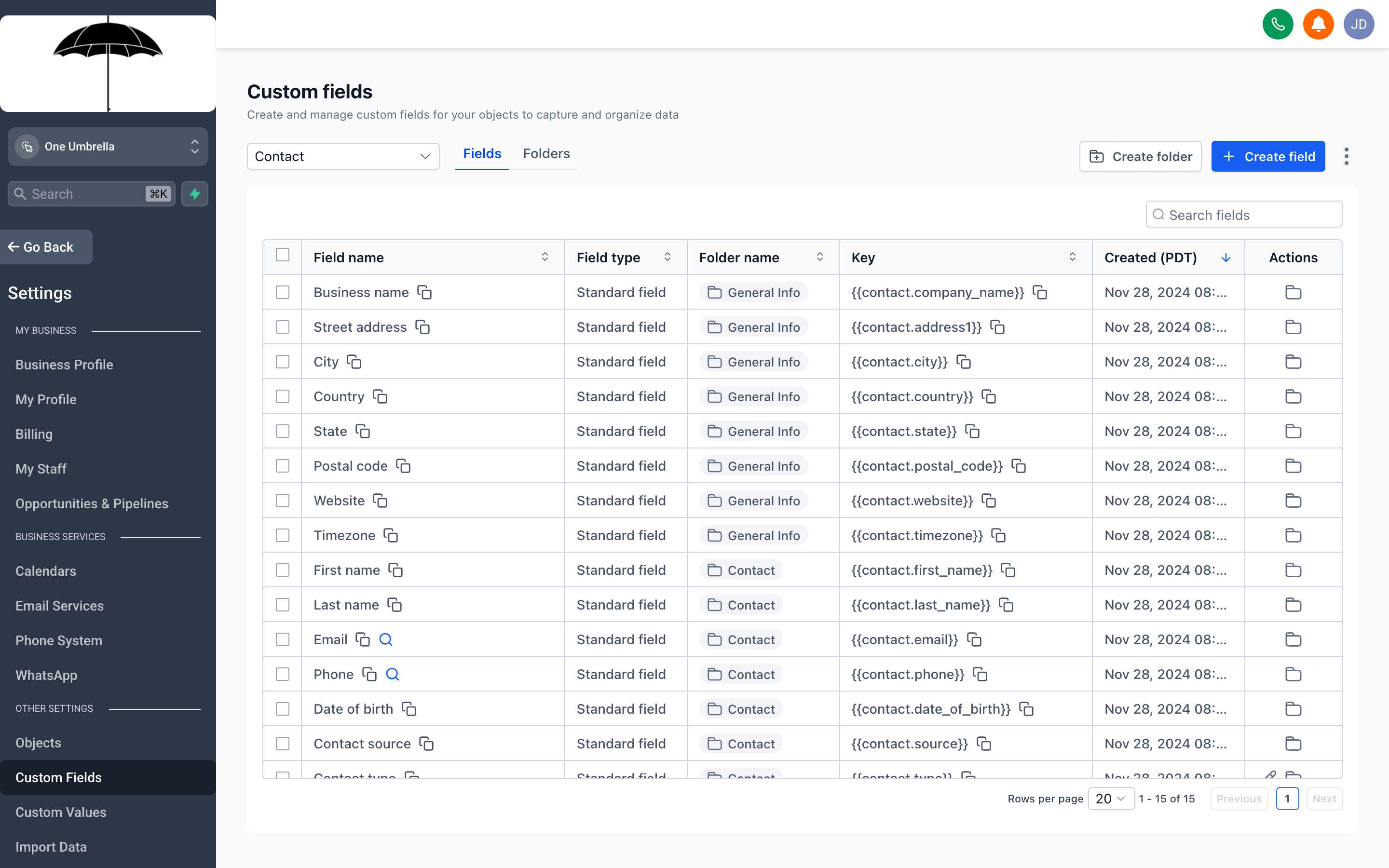 The Custom Fields settings page showing a list of contact fields with their types and labels