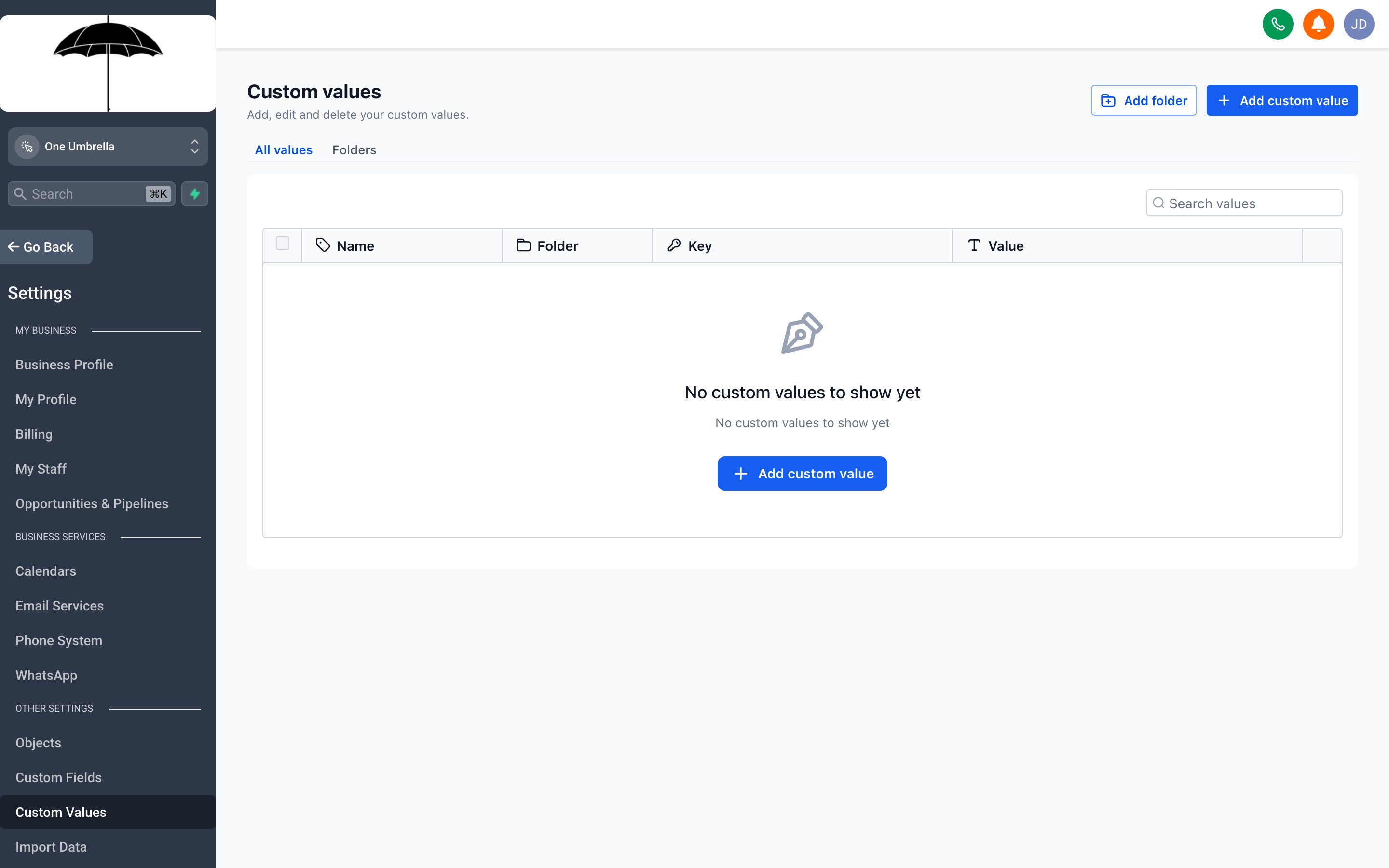 The Custom Values settings page showing a list of reusable variable names and their current values