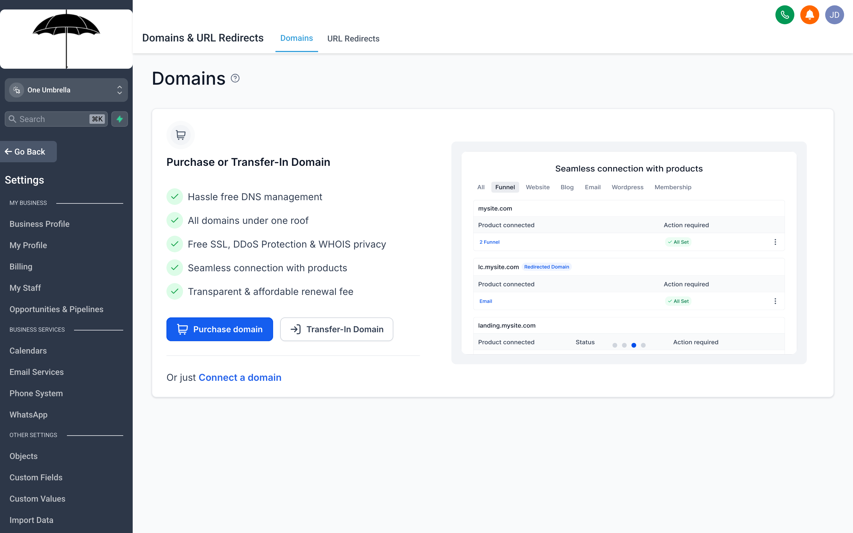 The Domains settings page showing a custom domain connected to the account with SSL status and assignment options