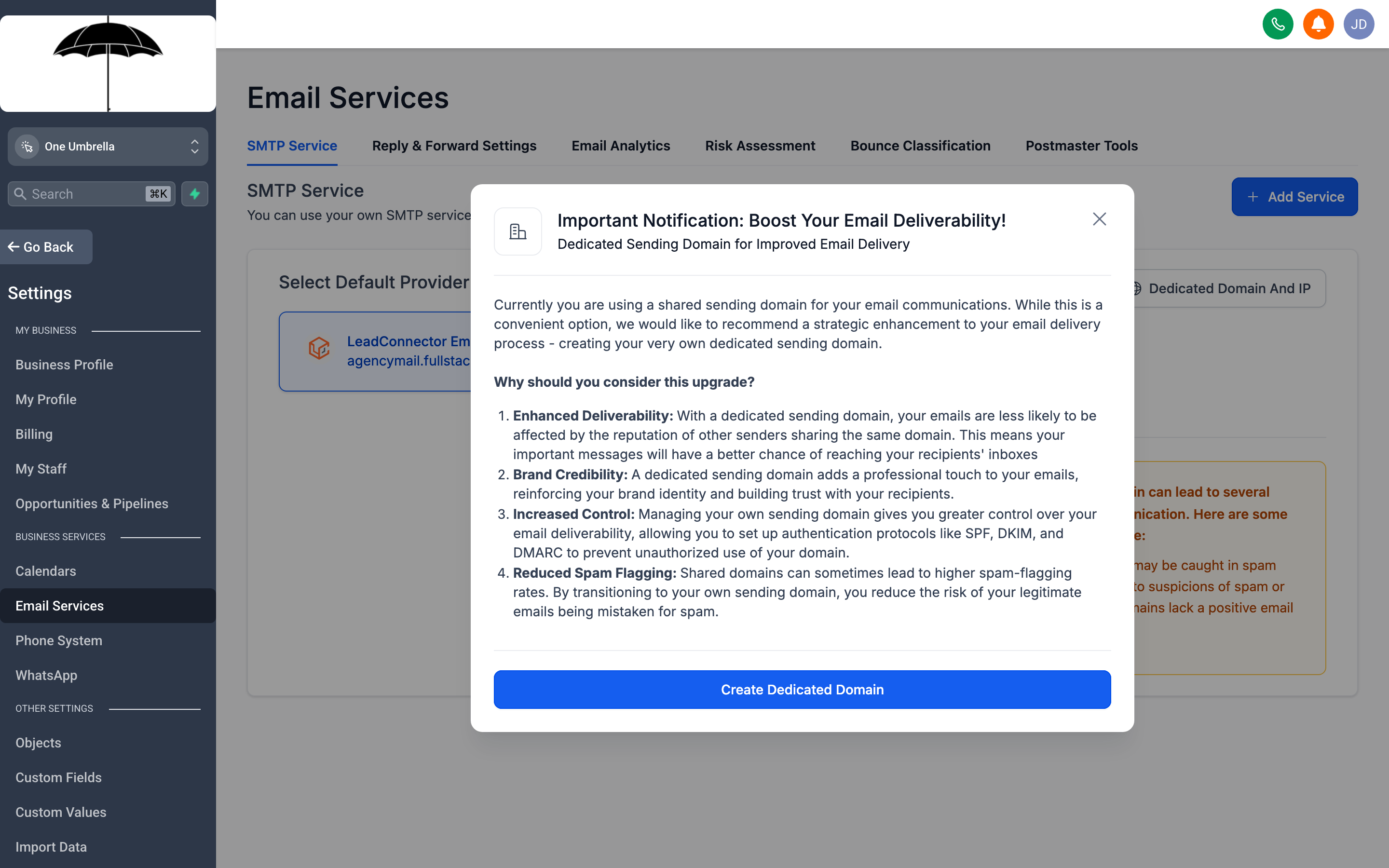 The Email Settings page showing a connected sending domain, DKIM verification status, and SMTP configuration options
