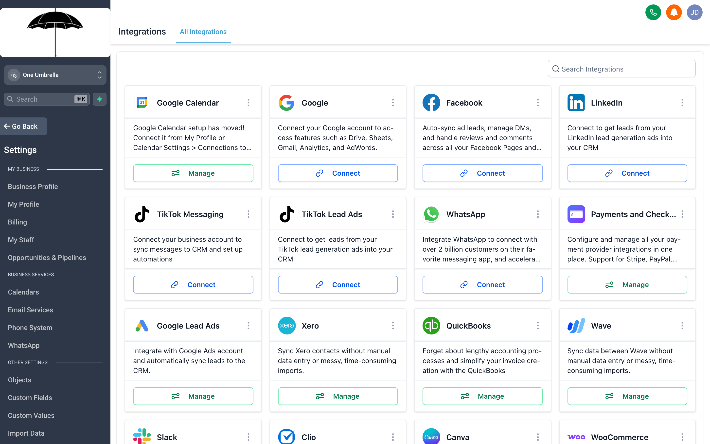 The Integrations settings page showing a grid of available app integrations with connection status indicators