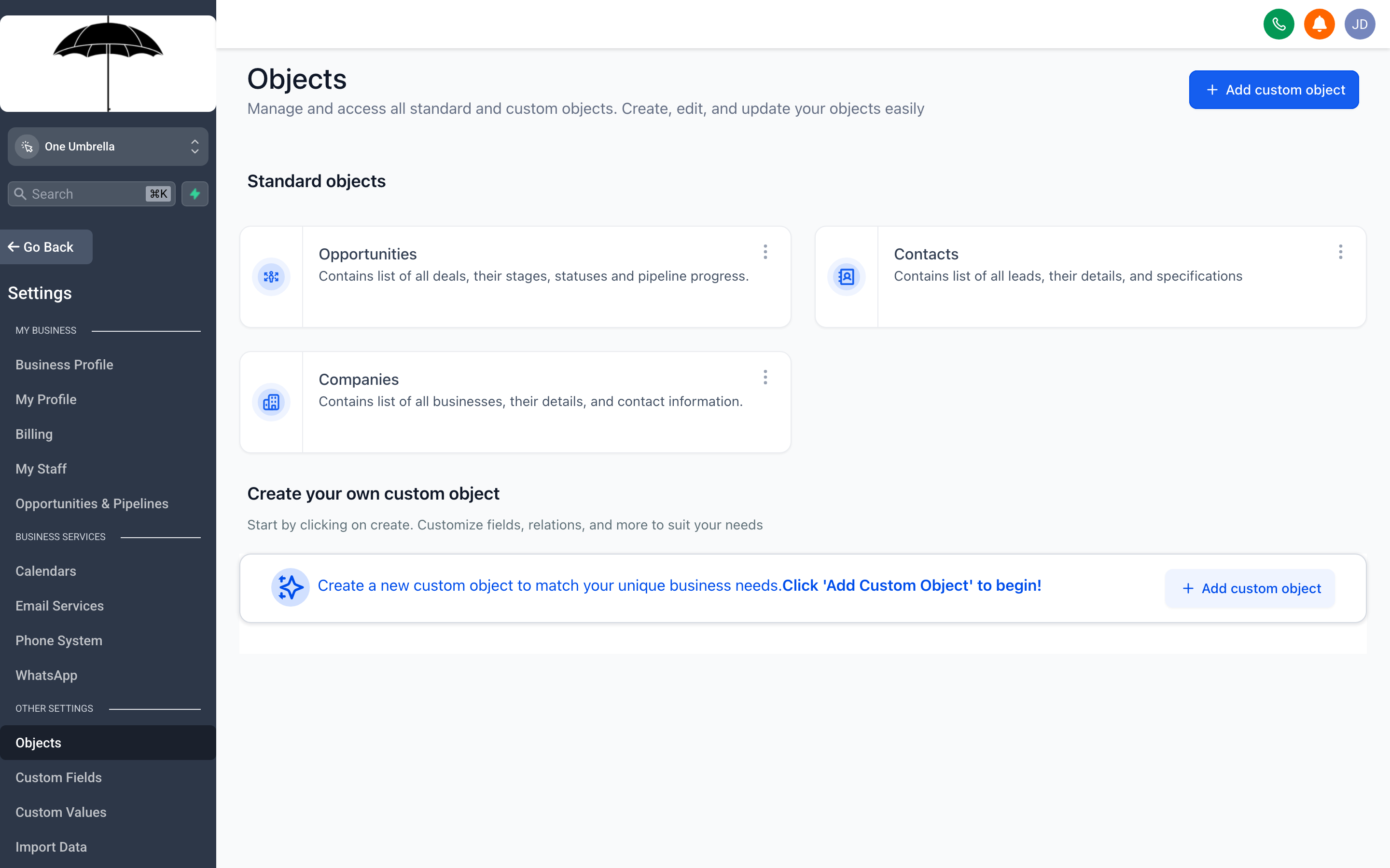 The Custom Objects settings page showing a list of object types with their fields and relationship definitions