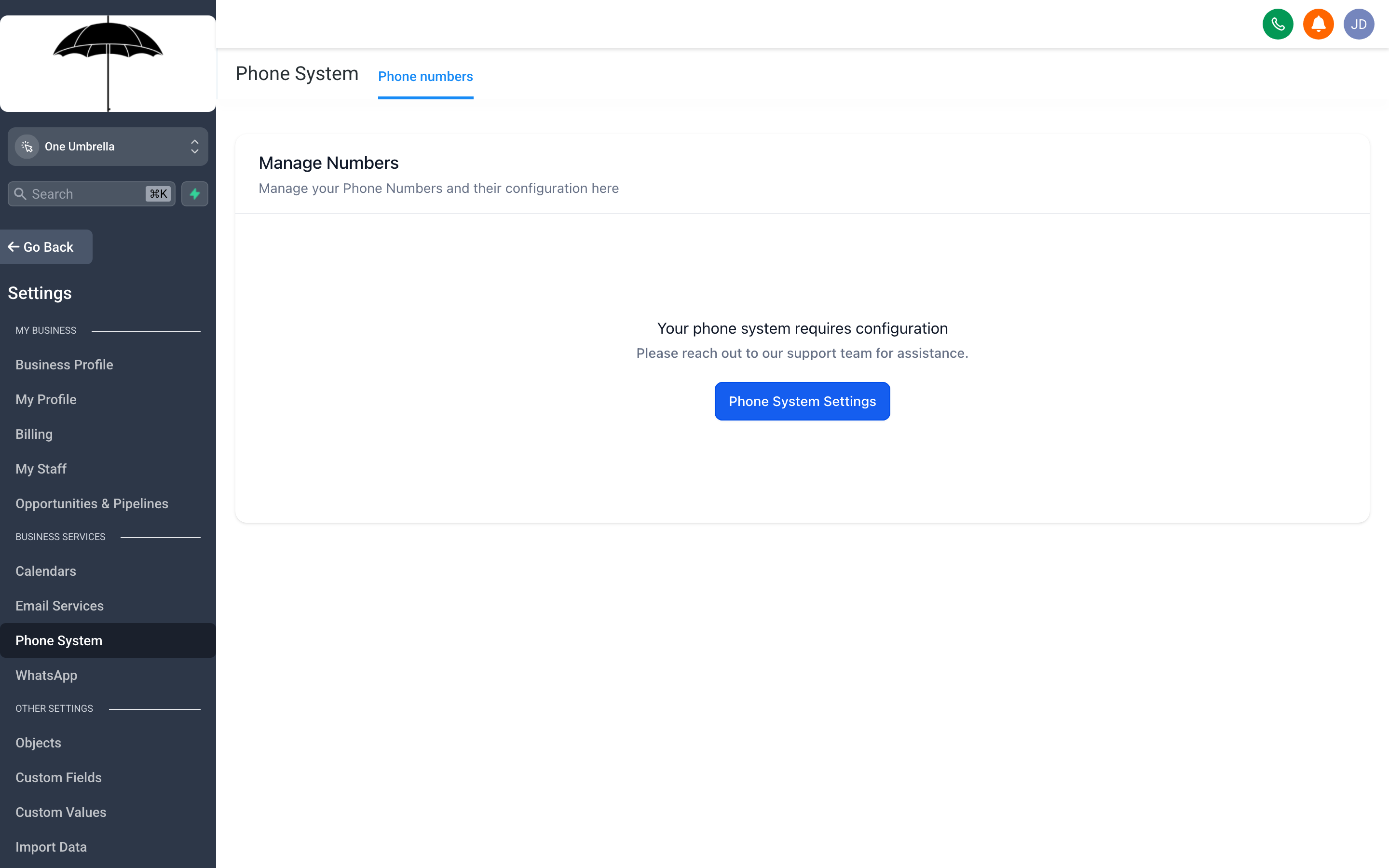 The Phone Settings page showing a list of purchased phone numbers with their capabilities and assignment status