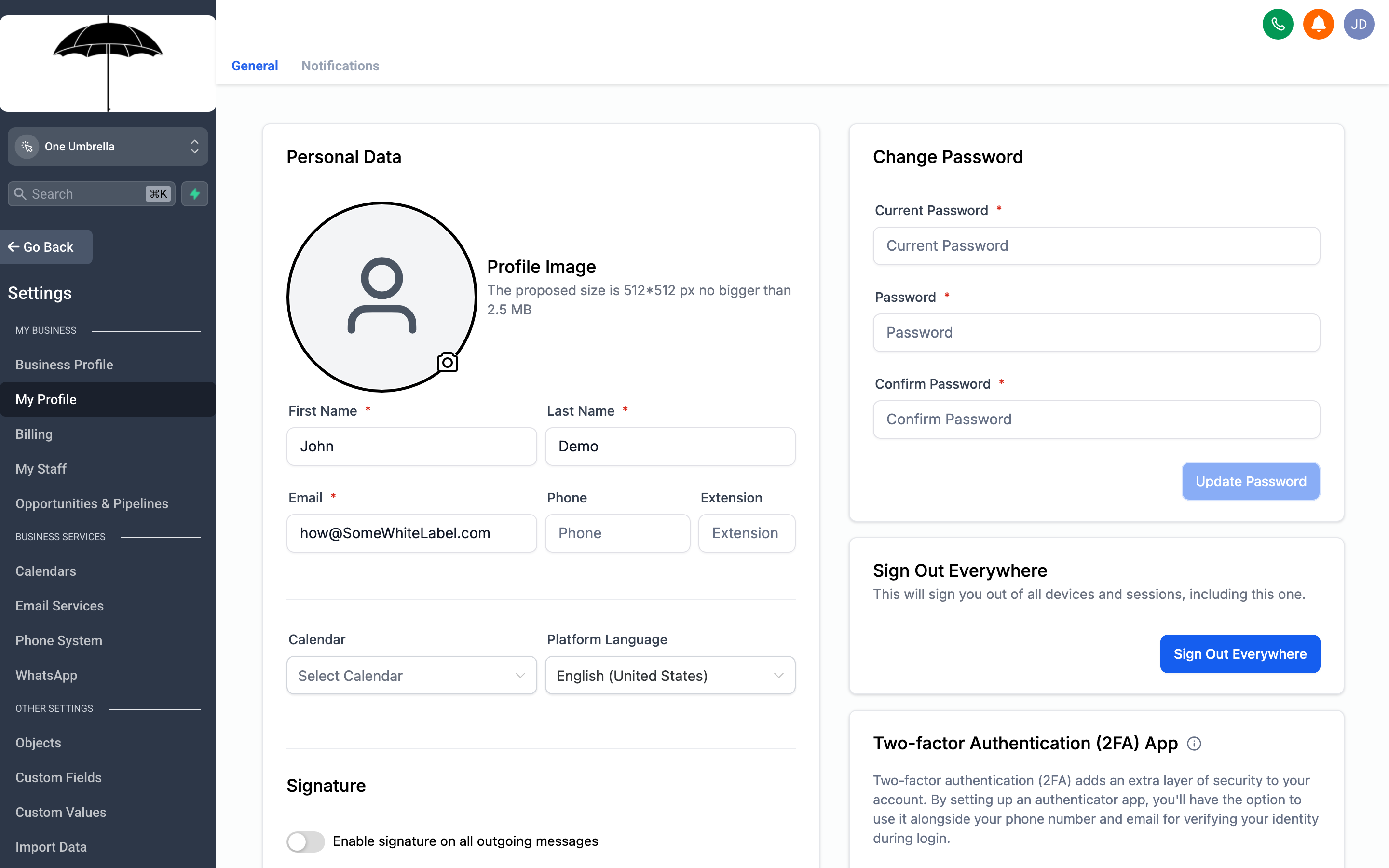 The My Profile page with fields for name, email, password, notification preferences, and email signature