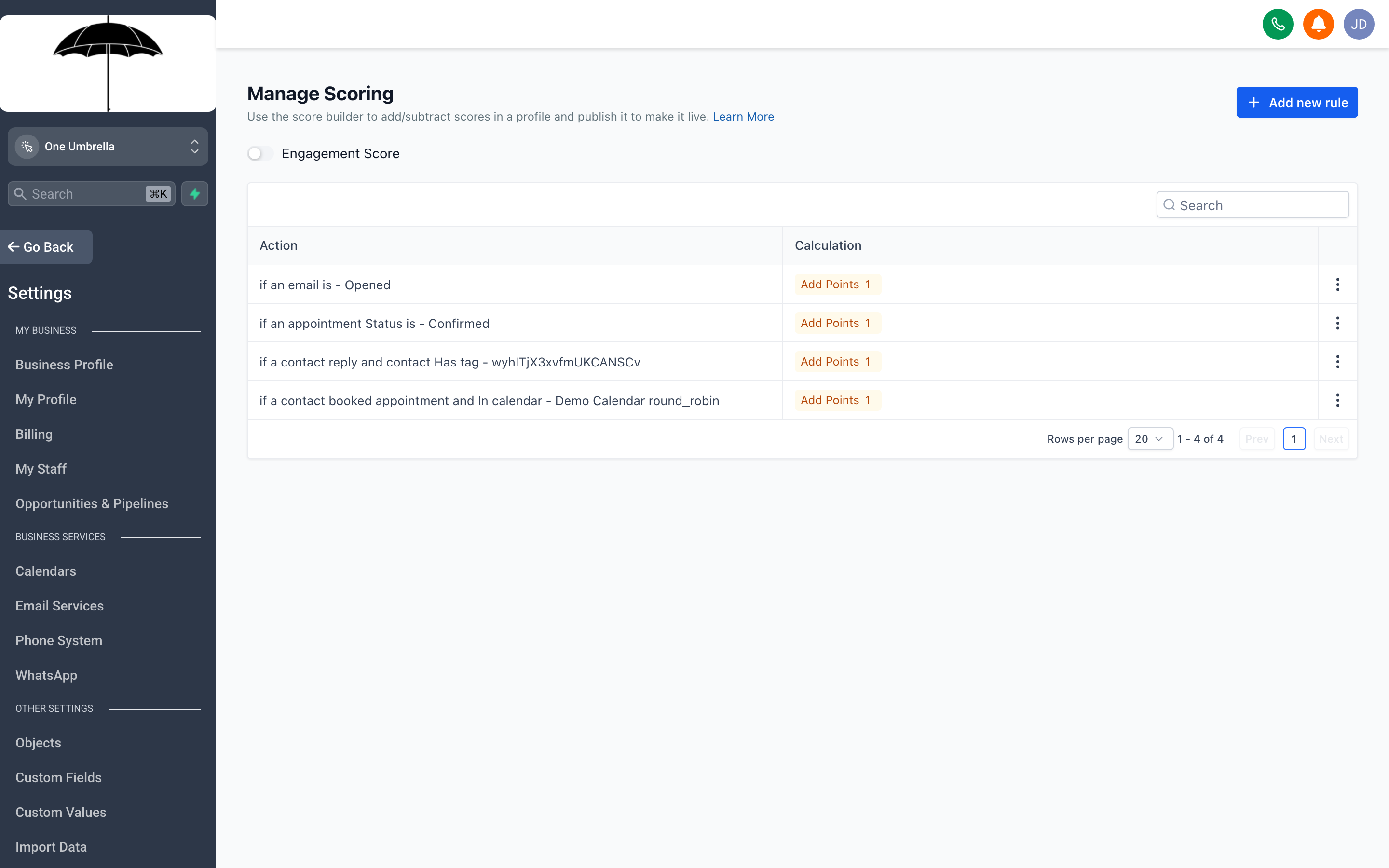 The Lead Scoring settings page showing scoring rules with point values assigned to contact actions and attributes