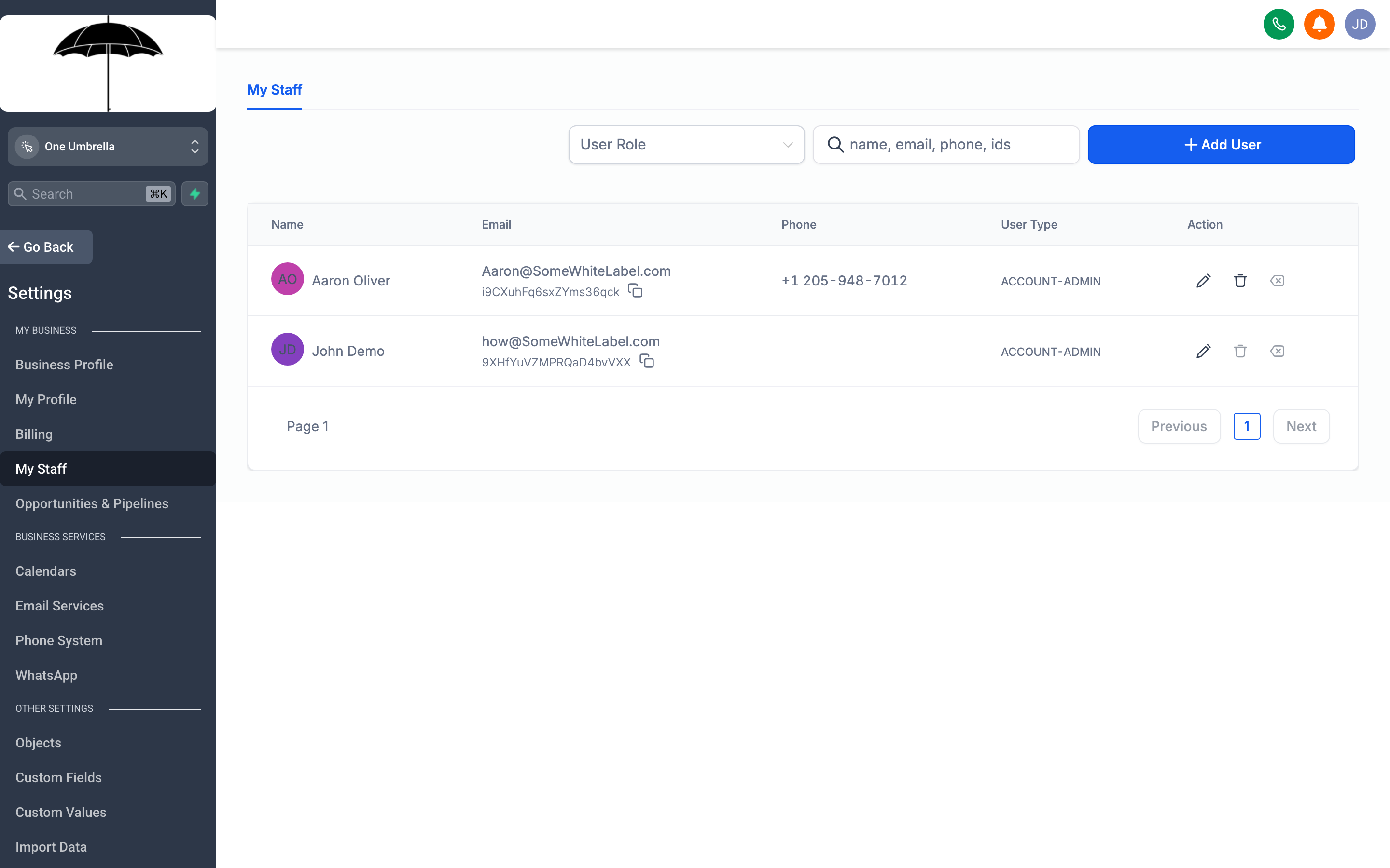 The My Staff page showing a list of team members with their names, email addresses, roles, and an Add Employee button