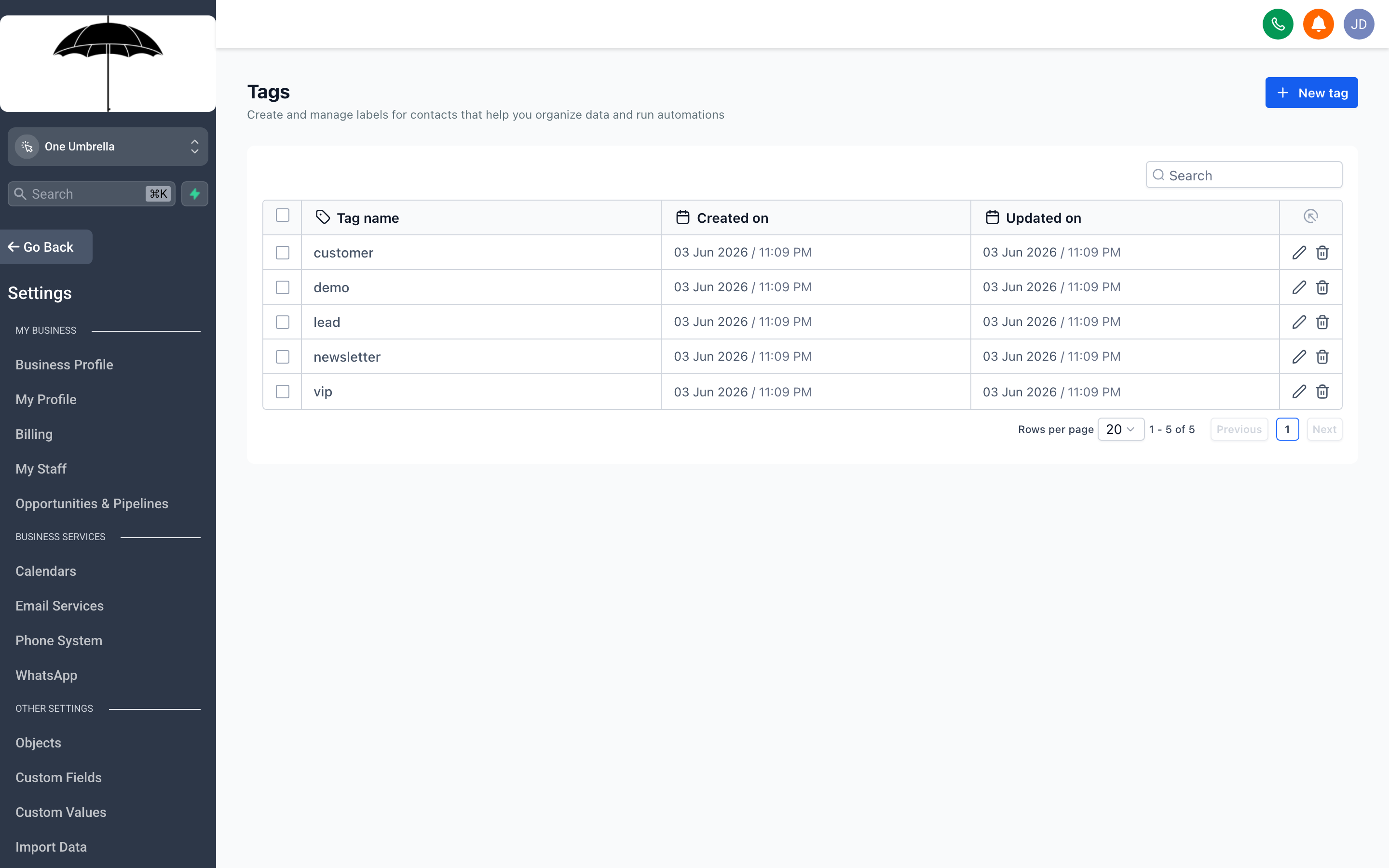 The Tags settings page showing a searchable list of tags used across the account with contact counts