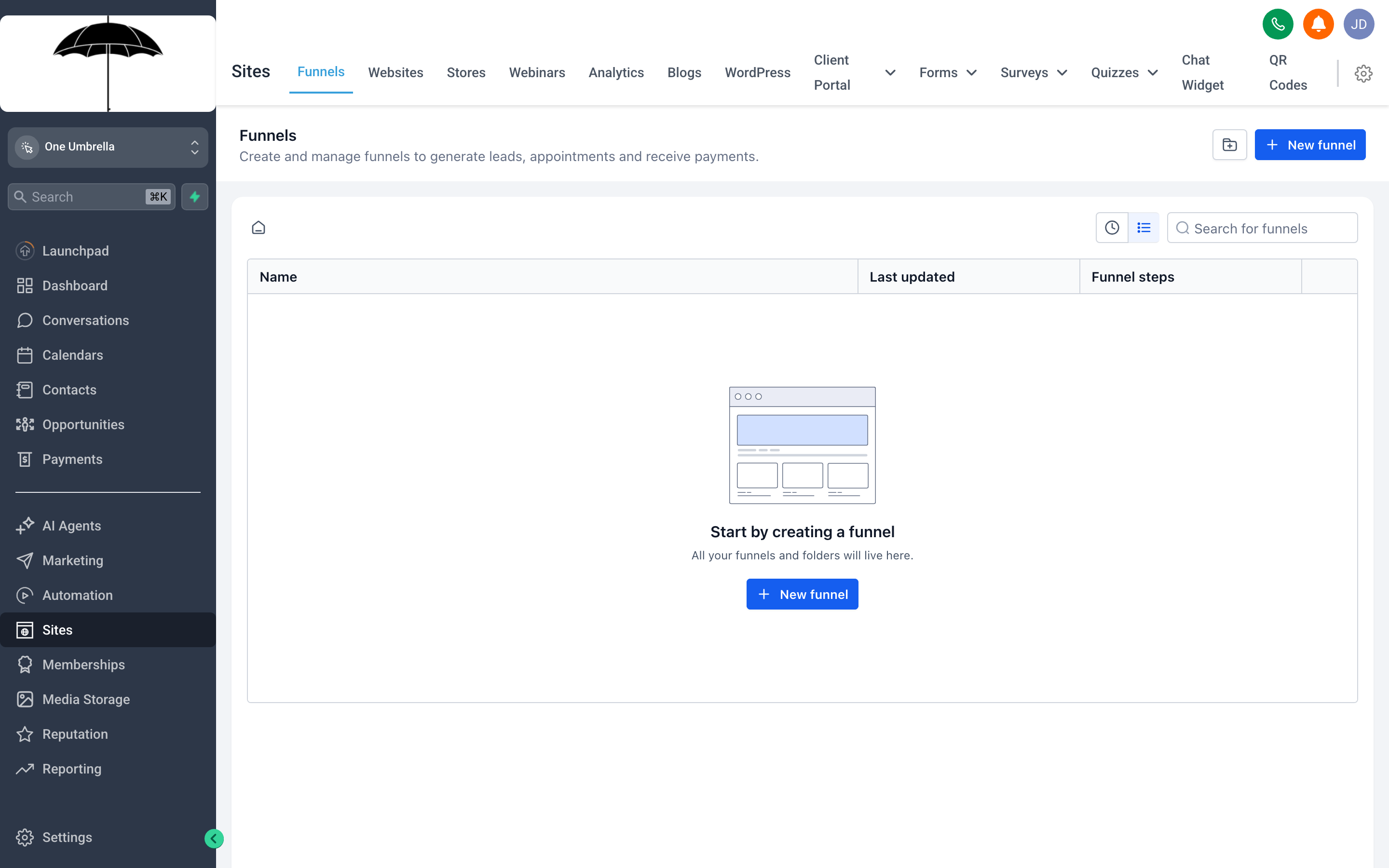 The Funnels list view showing multiple funnel entries with step counts, traffic stats, and options to edit or preview each