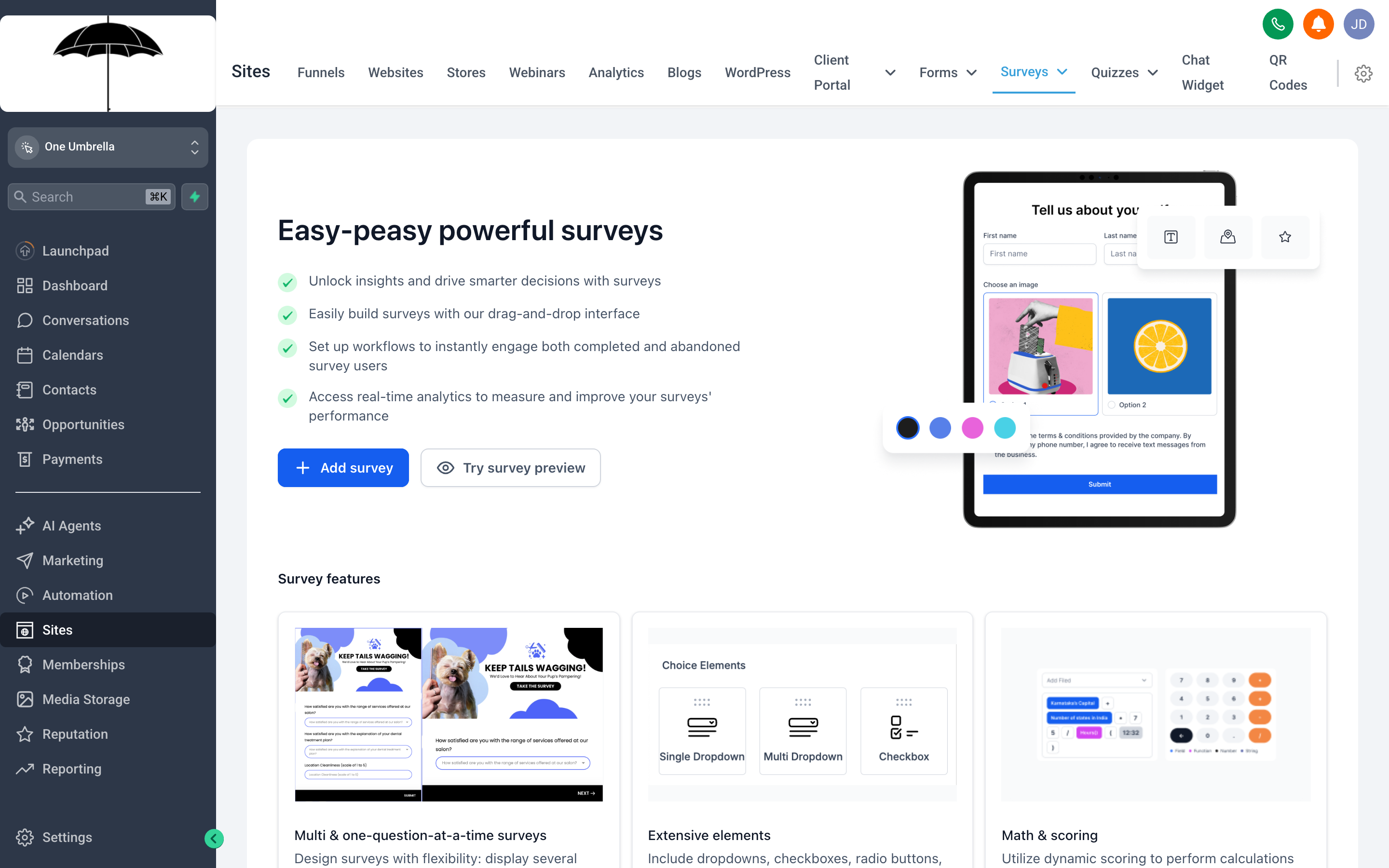 The survey builder showing a multi-step survey with branching logic configured between questions, and the step navigation visible at the top